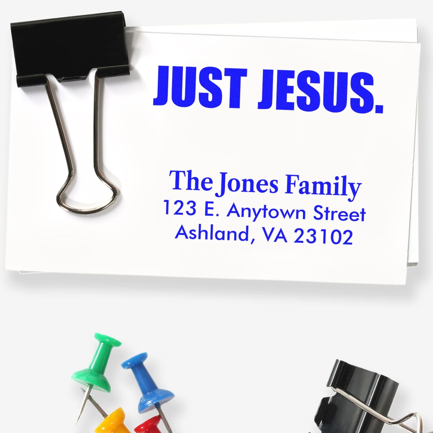 Custom return address rubber stamp sample for The Jones Family with Just Jesus religious design.