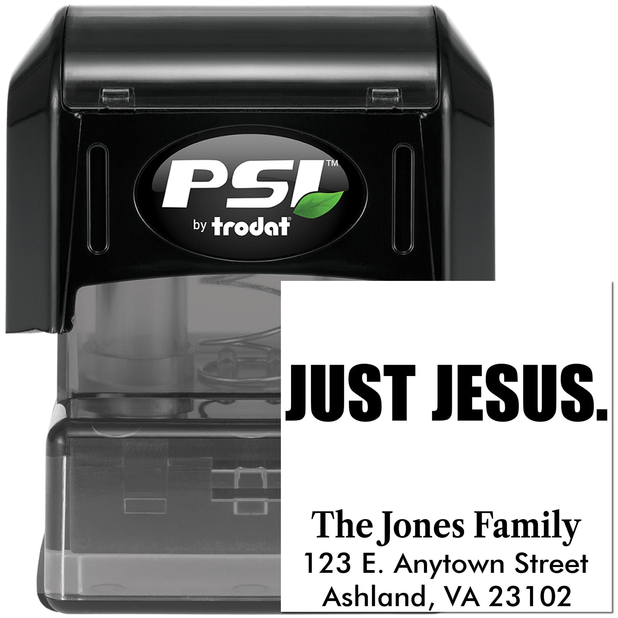 Personalized PSI by Trodat self-inking rubber stamp with custom Just Jesus family return address imprint