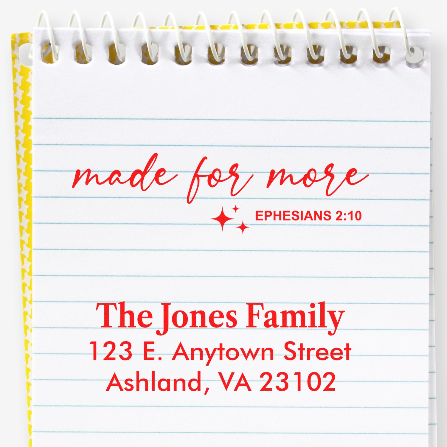Custom Christian rubber stamp impression with made for more Ephesians 2:10 and personalized family address.