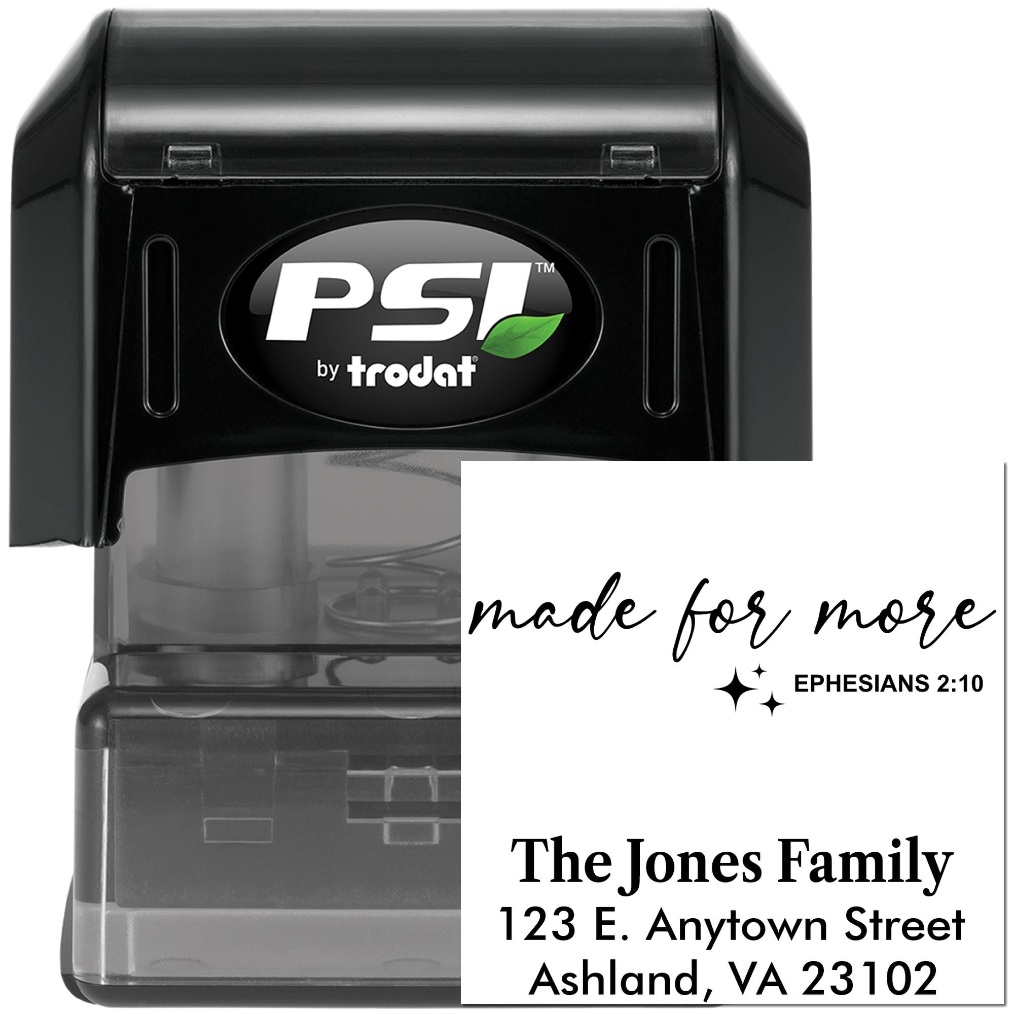 PSI by Trodat self-inking rubber stamp with custom Christian message and personalized family address imprint.