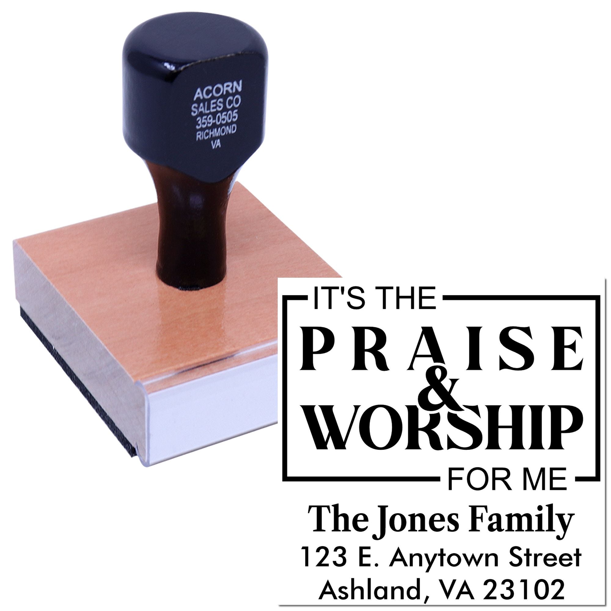 Custom rubber stamp for Praise & Worship, featuring The Jones Family return address imprint for church or family mailings.