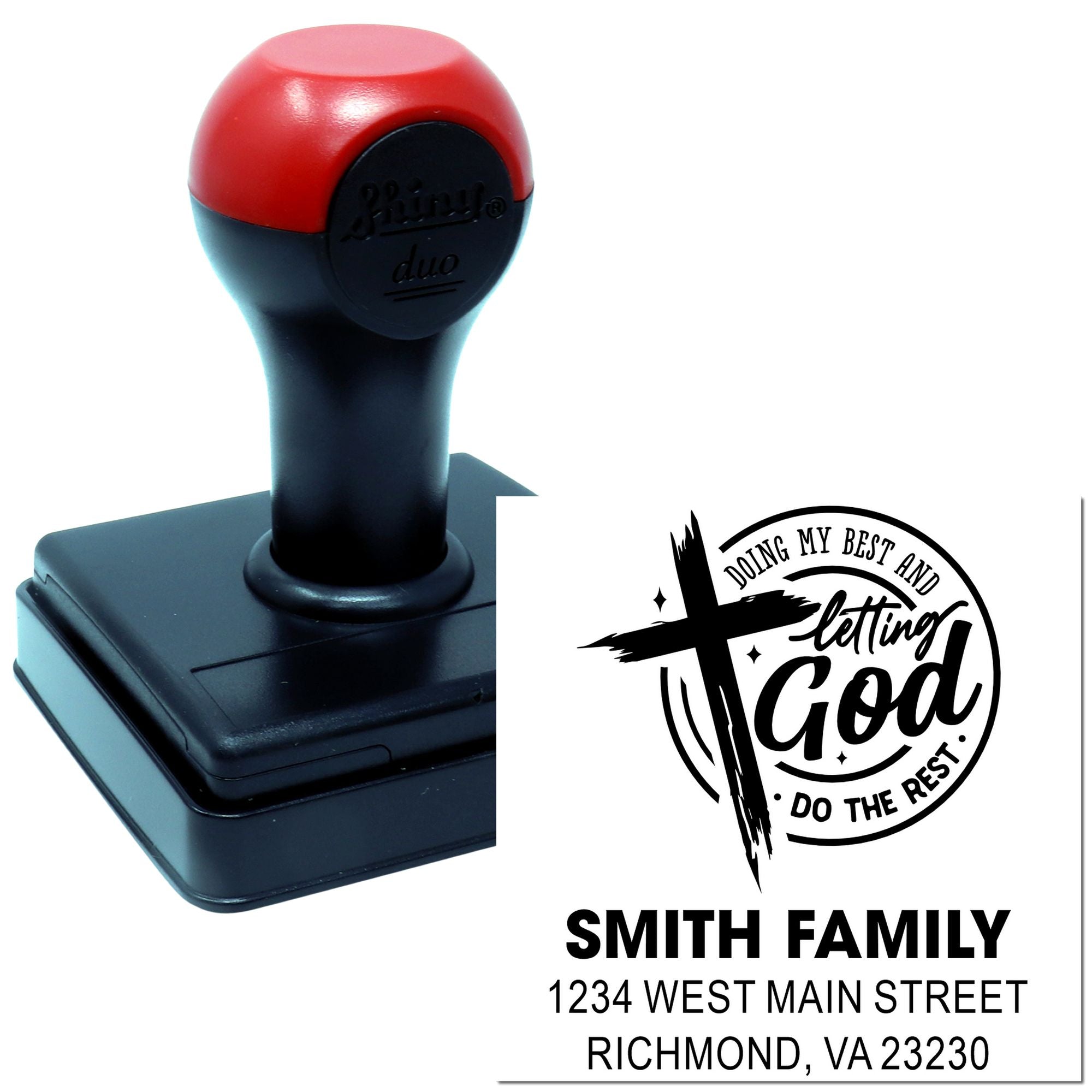 Custom self-inking rubber stamp with Smith Family name, address, and faith quote: Doing my best and letting God do the rest.