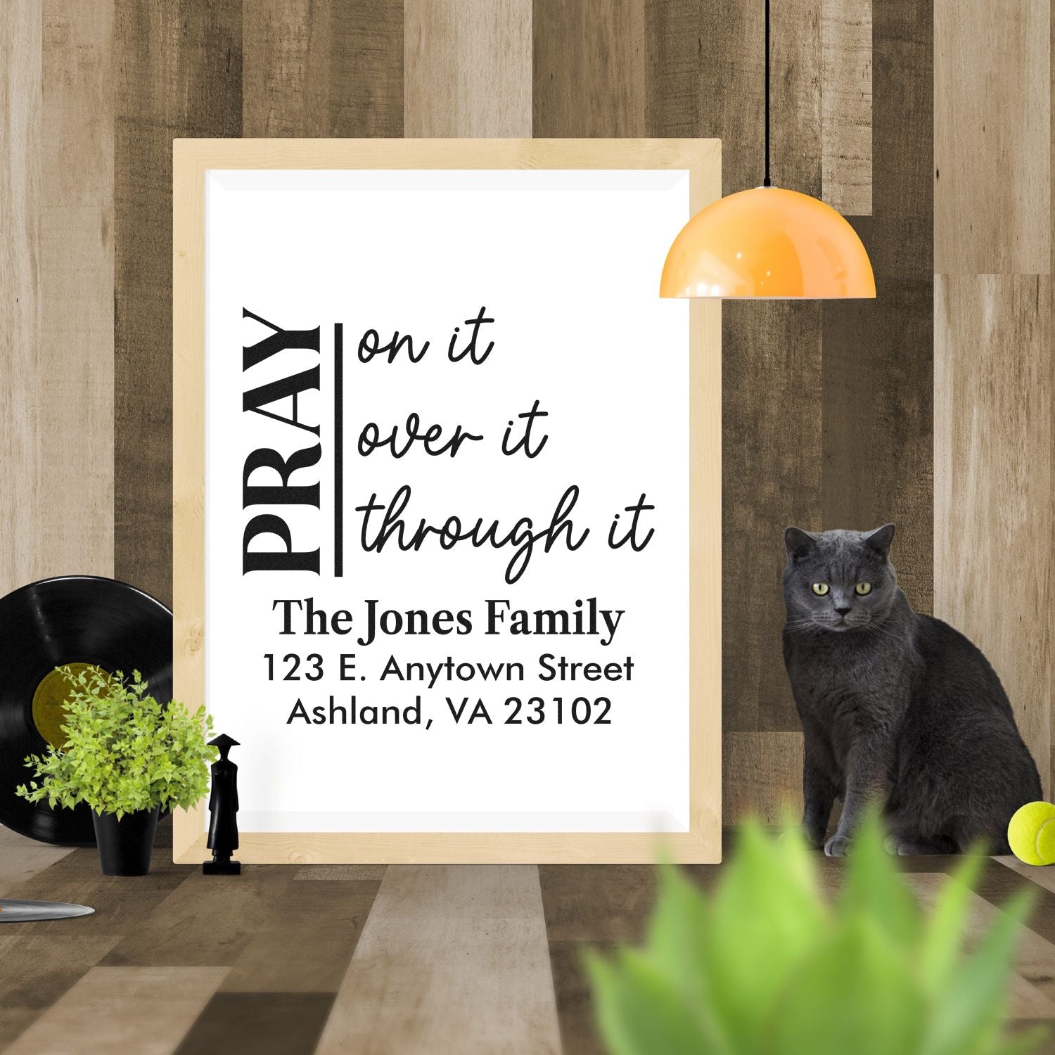Personalized faith rubber stamp with Pray on it, over it, through it and custom family return address for Christian homes.