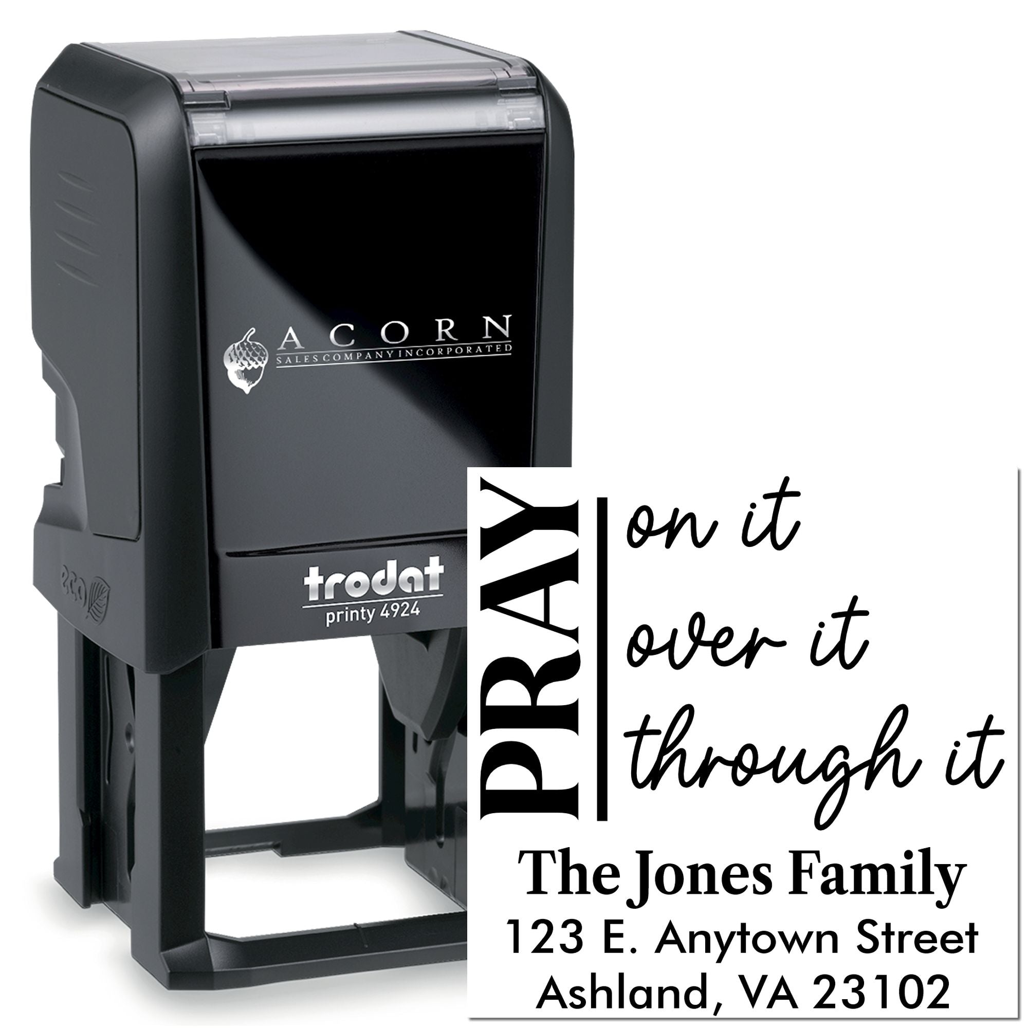Personalized self-inking rubber stamp with prayer quote and return address for family mailings.