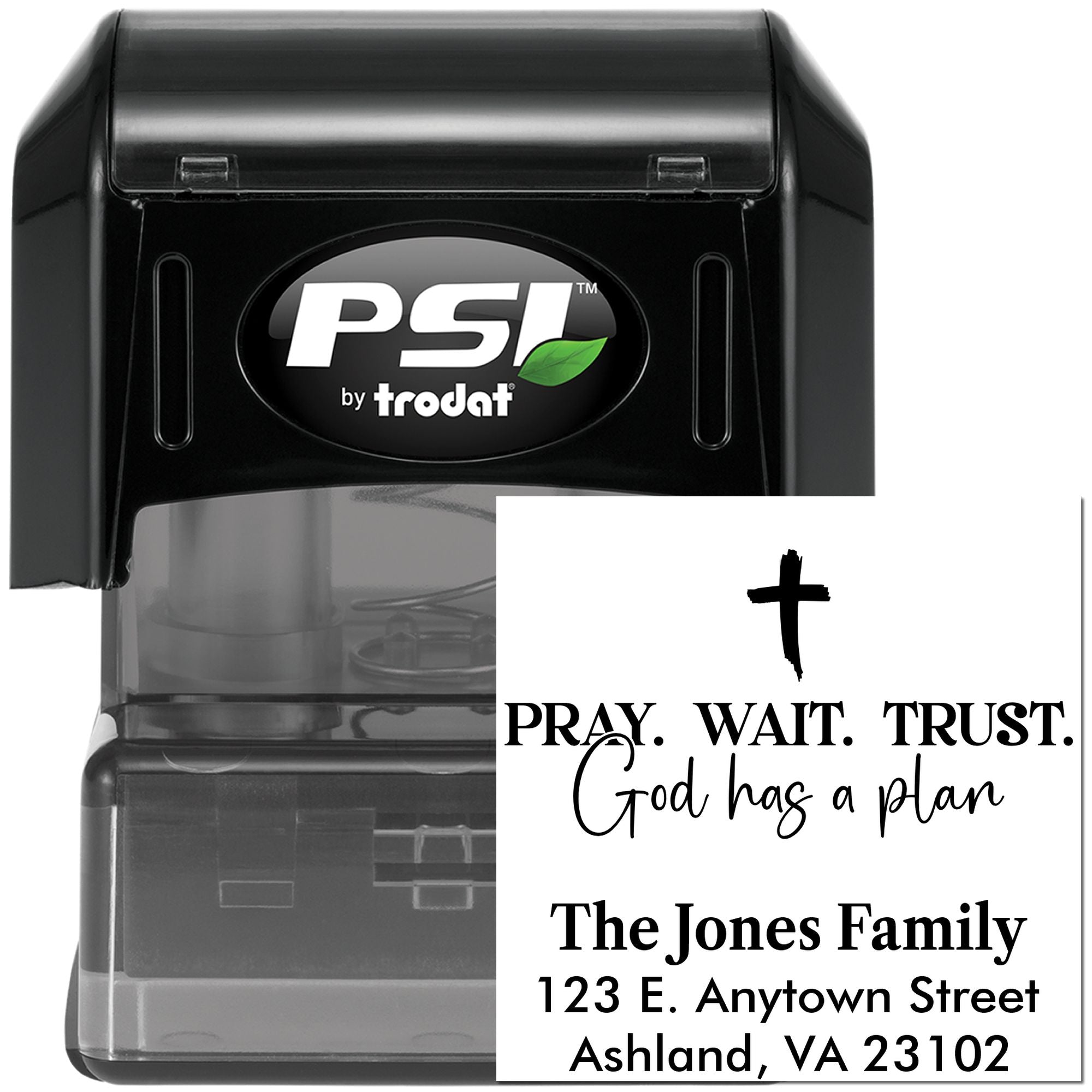 Custom PSI by Trodat self-inking rubber stamp with Christian message, family name, and return address.