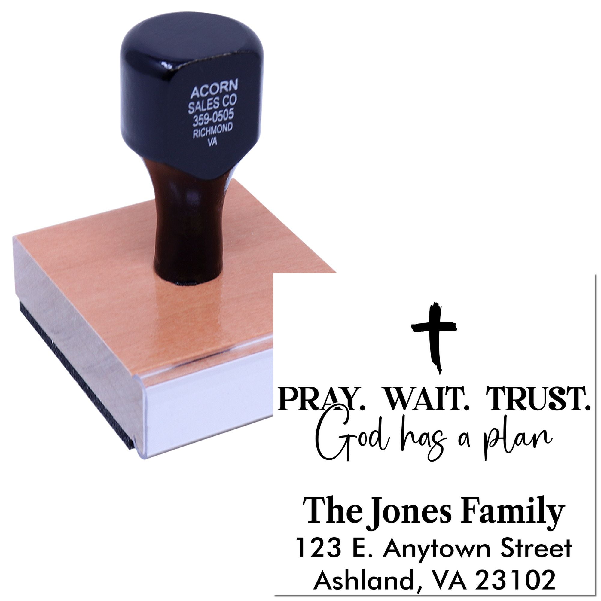 Custom Christian address rubber stamp with prayer quote, family name, and mailing address for personalized stationery.