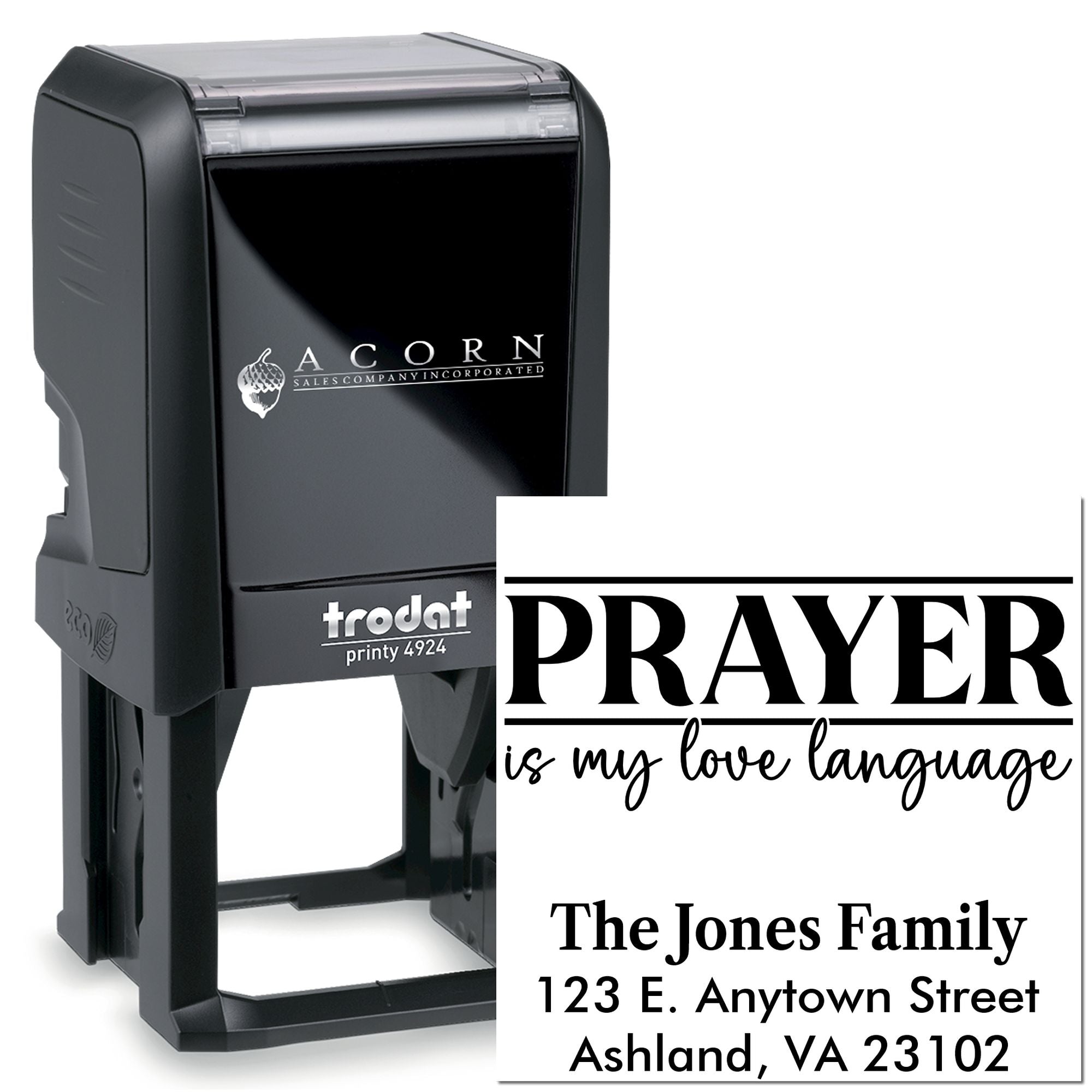 Custom self-inking rubber stamp with Prayer is my love language design, family name, and address for personalized faith-based mailing.