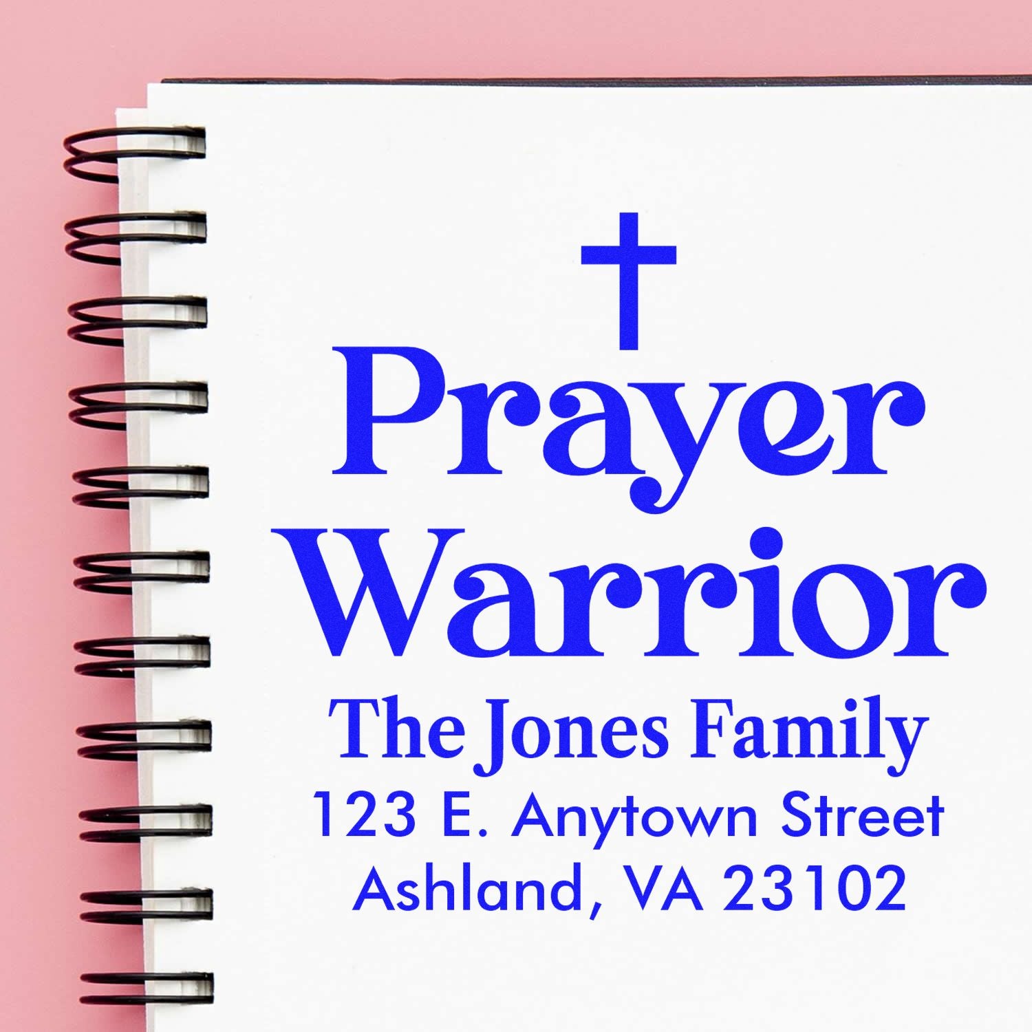 Custom Prayer Warrior rubber stamp design with cross, family name, and return address for faith-based mail.