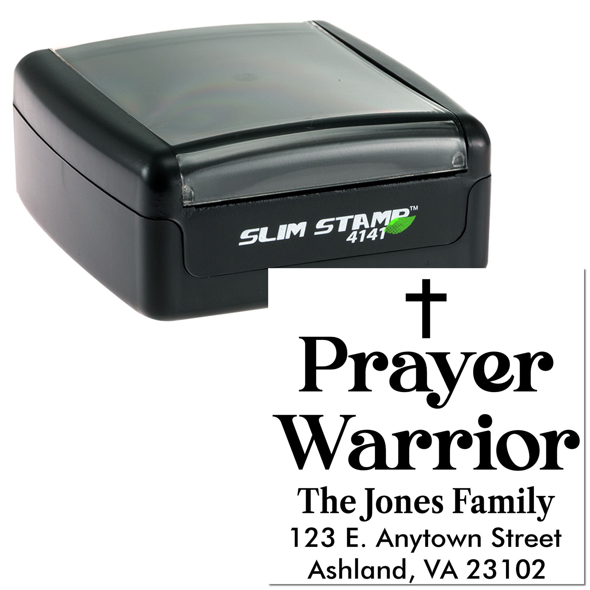 Custom self-inking rubber stamp with Prayer Warrior cross design and return address for The Jones Family.