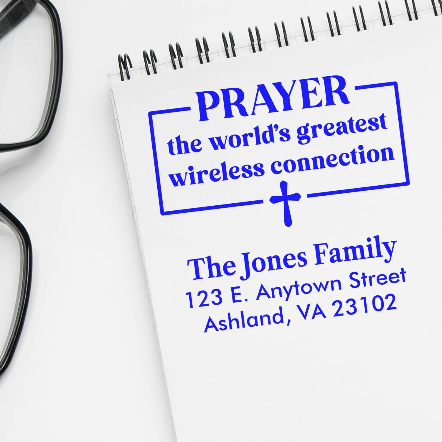 Personalized Christian rubber stamp with prayer quote and family return address for envelopes.