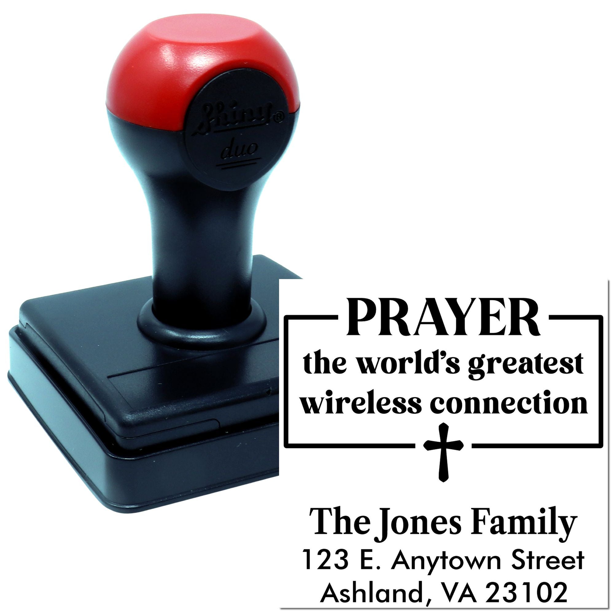 Custom self-inking rubber stamp with prayer message and return address for personalized Christian family correspondence.