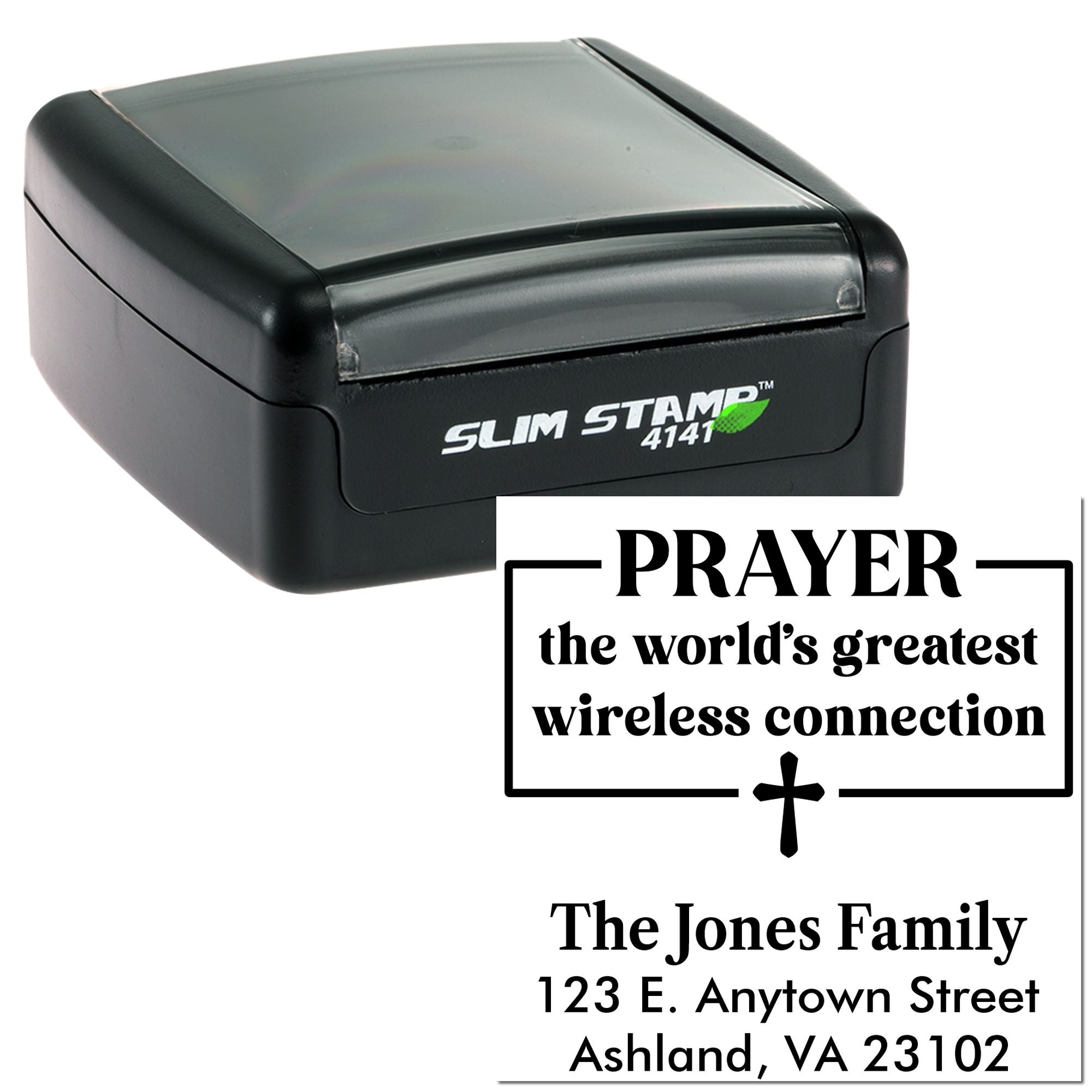 Custom rubber stamp for Christian prayer cards with return address and the worlds greatest wireless connection quote.