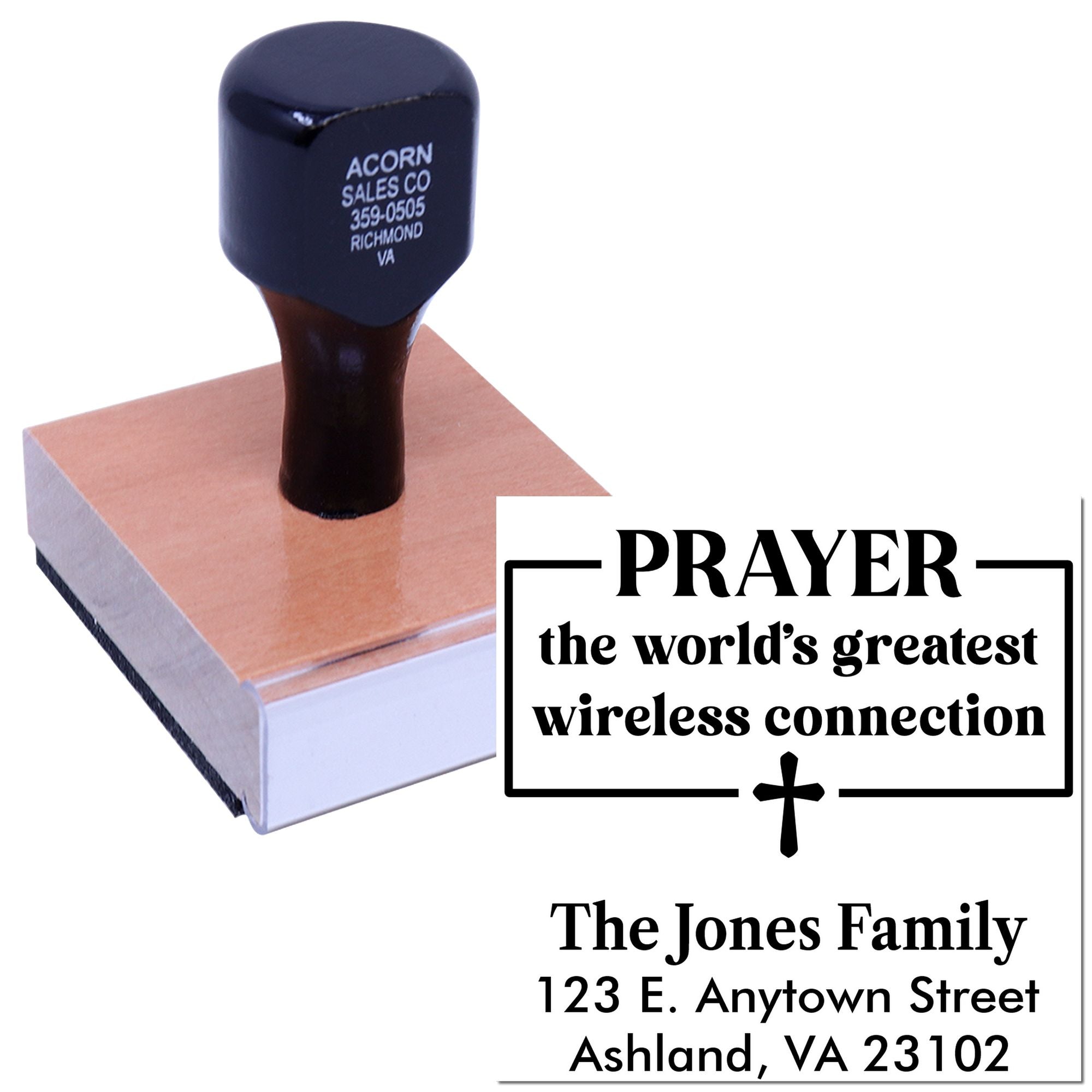 Personalized prayer rubber stamp with family name and address for Christian stationery and custom envelopes.