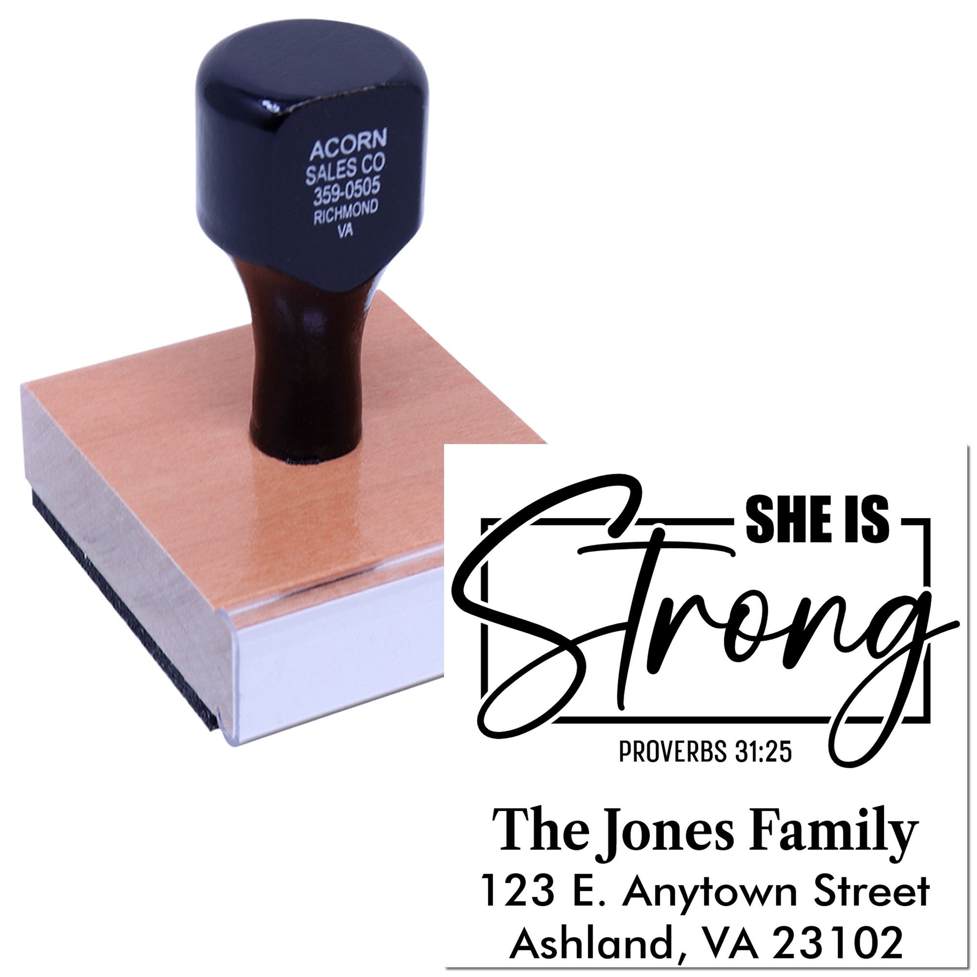 Custom Christian return address rubber stamp with Proverbs 31:25 She Is Strong design for The Jones Family.