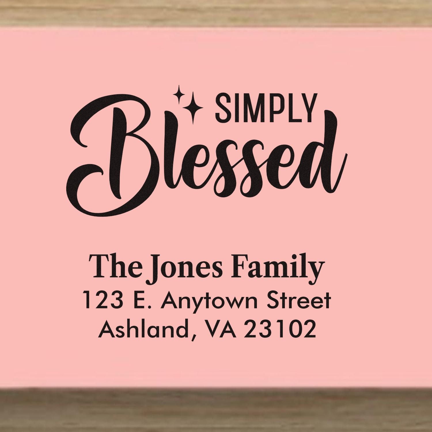 Custom Simply Blessed return address rubber stamp for The Jones Family, Ashland, VA 23102.