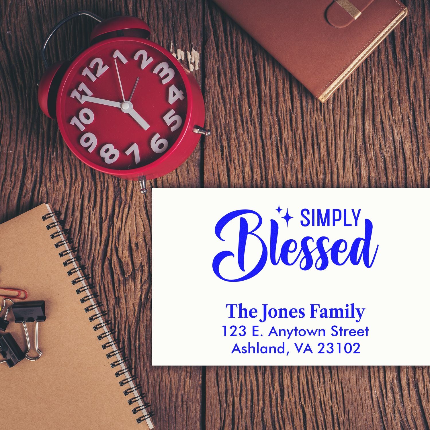 Personalized rubber address stamp with Simply Blessed design for The Jones Family return address and custom mailing use.