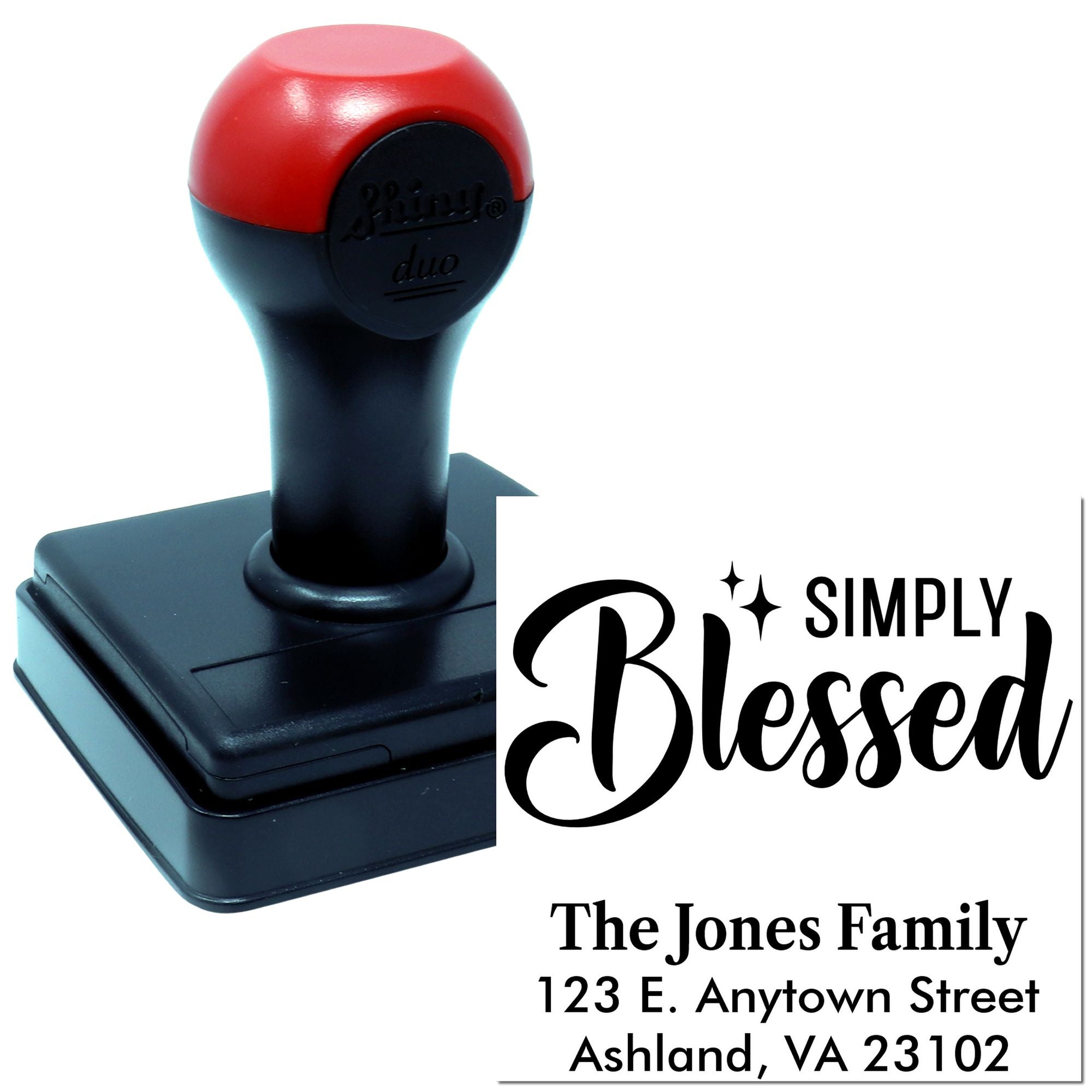 Custom self-inking rubber stamp with Simply Blessed design and personalized family address for wedding and holiday mail.