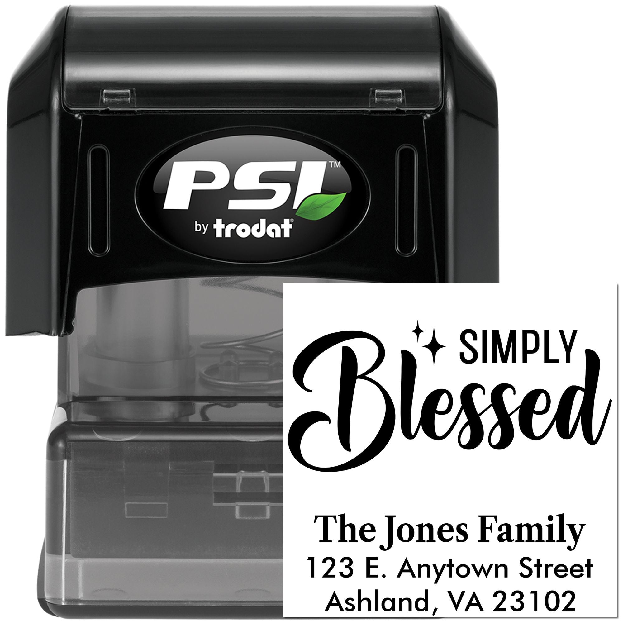 PSI by Trodat self-inking rubber stamp with custom Simply Blessed family address design for mailing and home use.