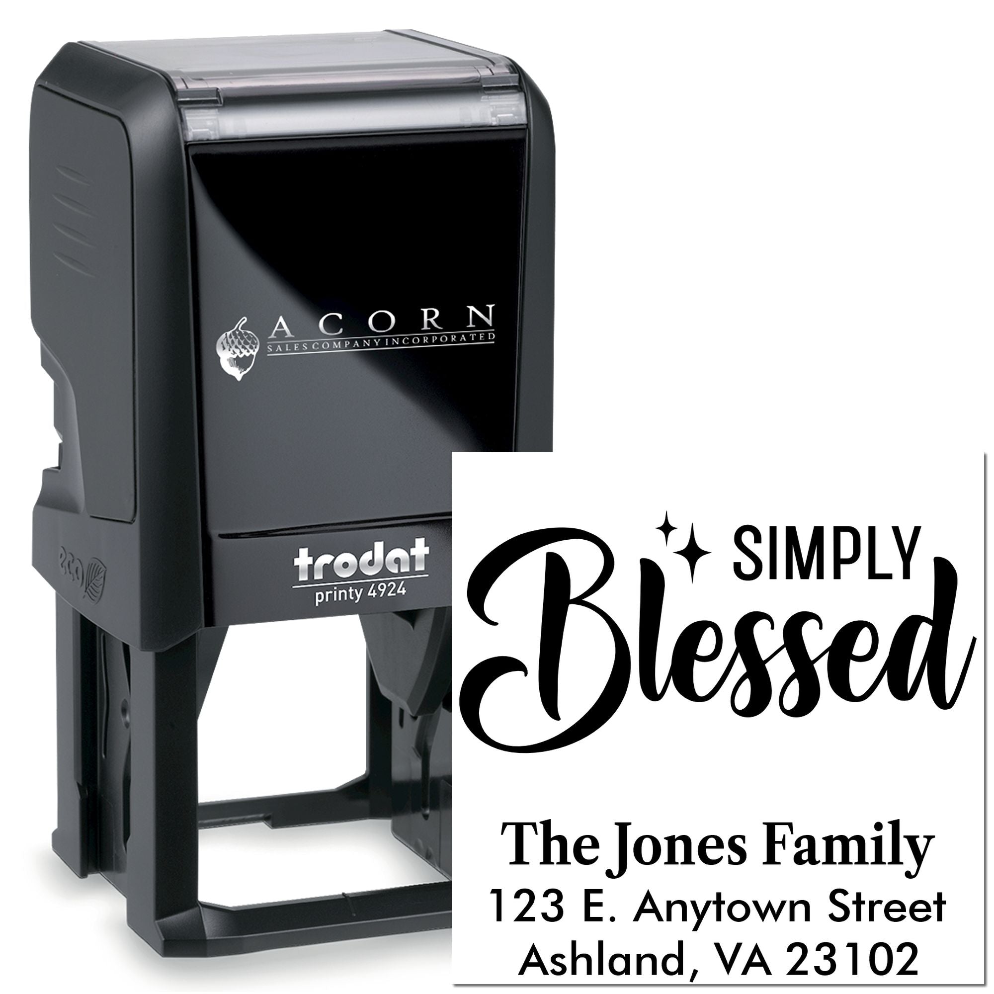 Custom self-inking rubber stamp with Simply Blessed family return address design for personalized mail and crafts