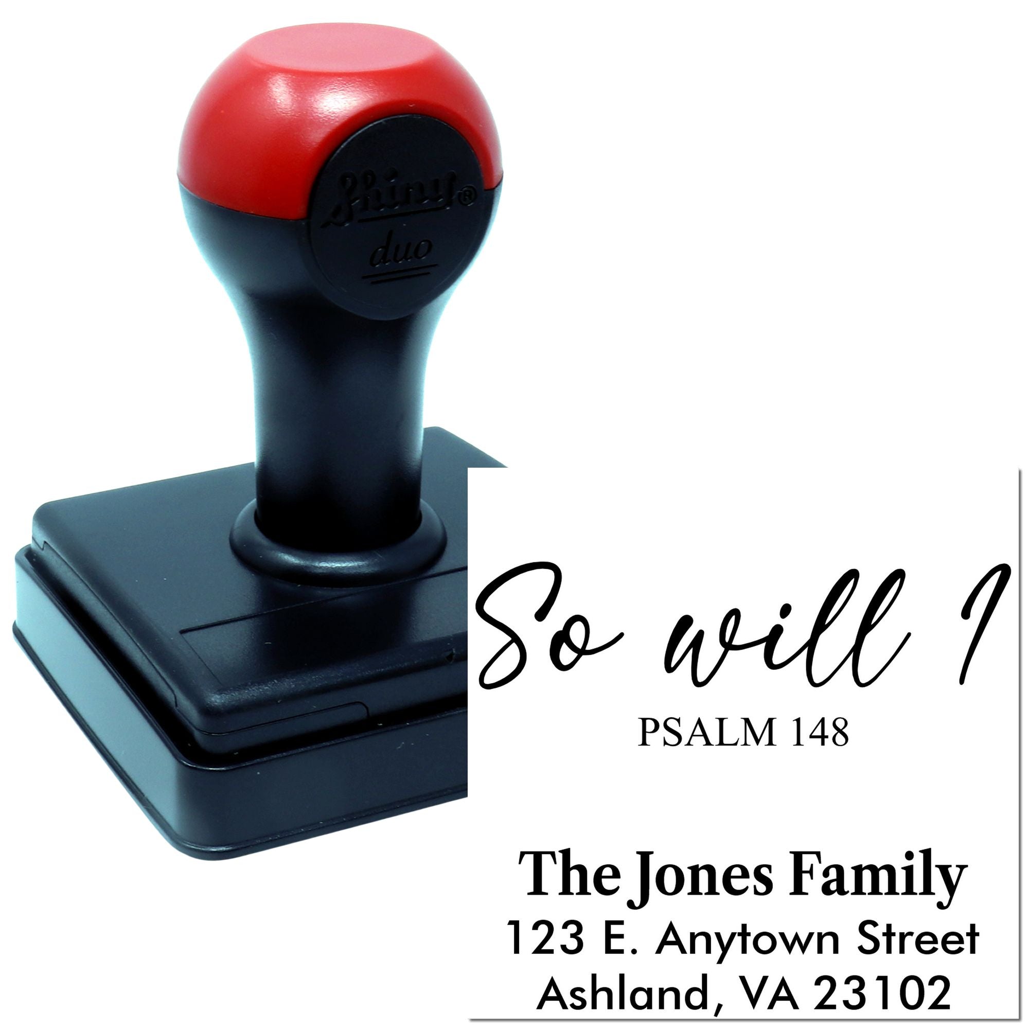 Custom self-inking rubber address stamp with Psalm 148 verse and family name, shown with sample imprint.