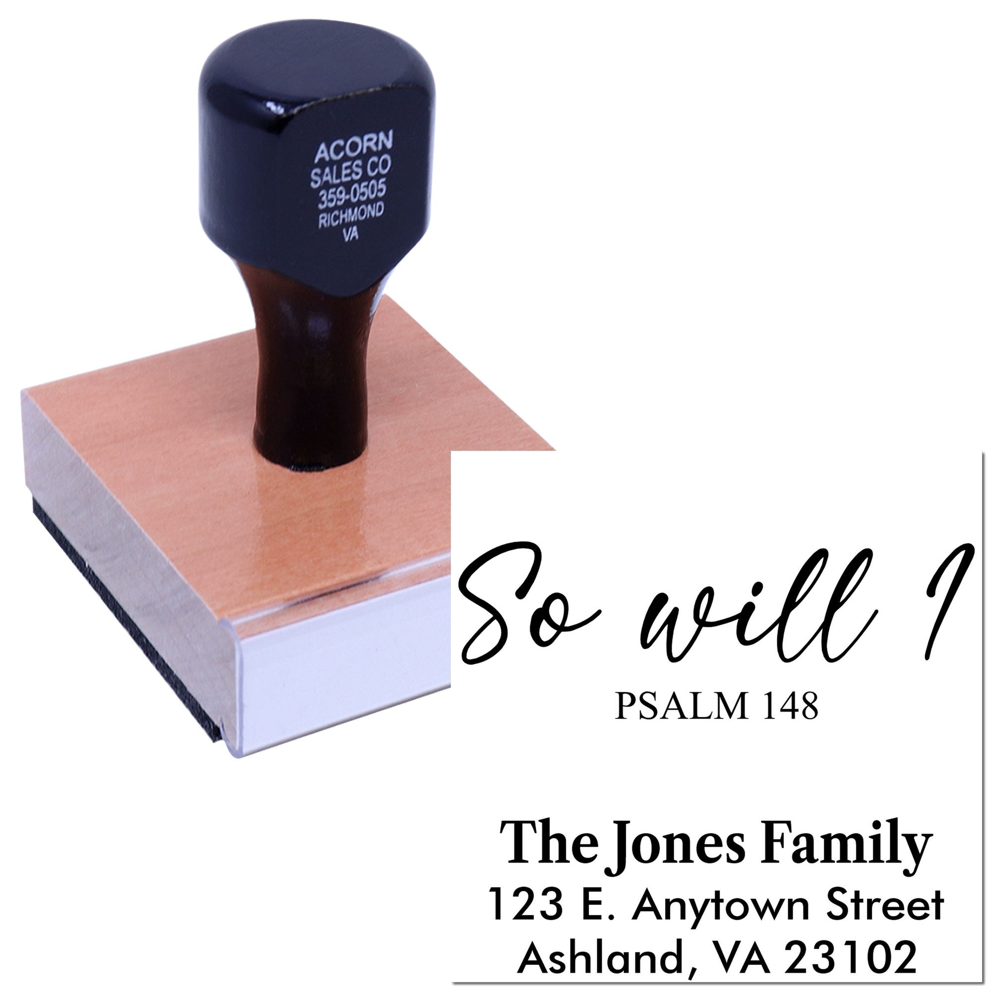 Custom self-inking Christian family address rubber stamp with Psalm 148 design for personalized stationery and envelopes.