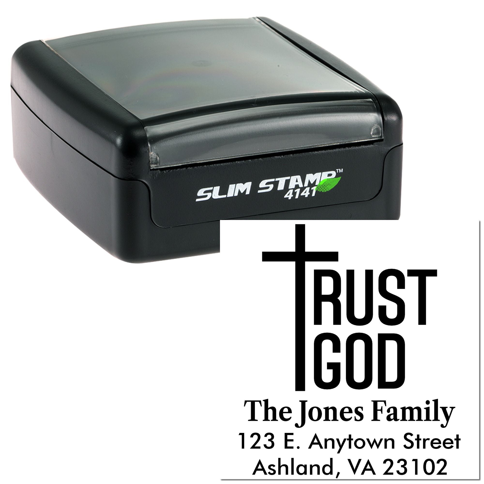 Custom self-inking rubber stamp with Trust God design and The Jones Family address for personalized mailing.