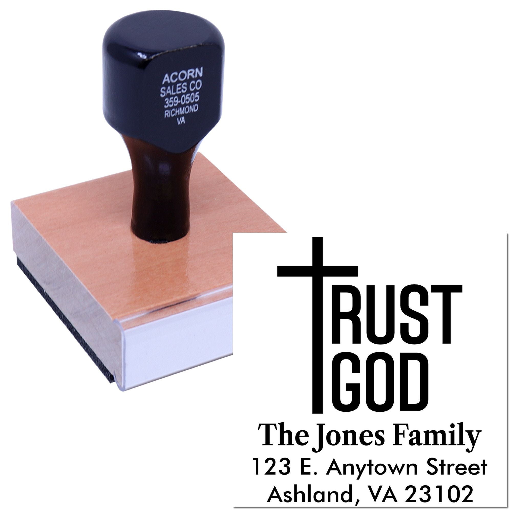 Custom Christian family rubber stamp with cross design, Trust God message, and address for church or home use.
