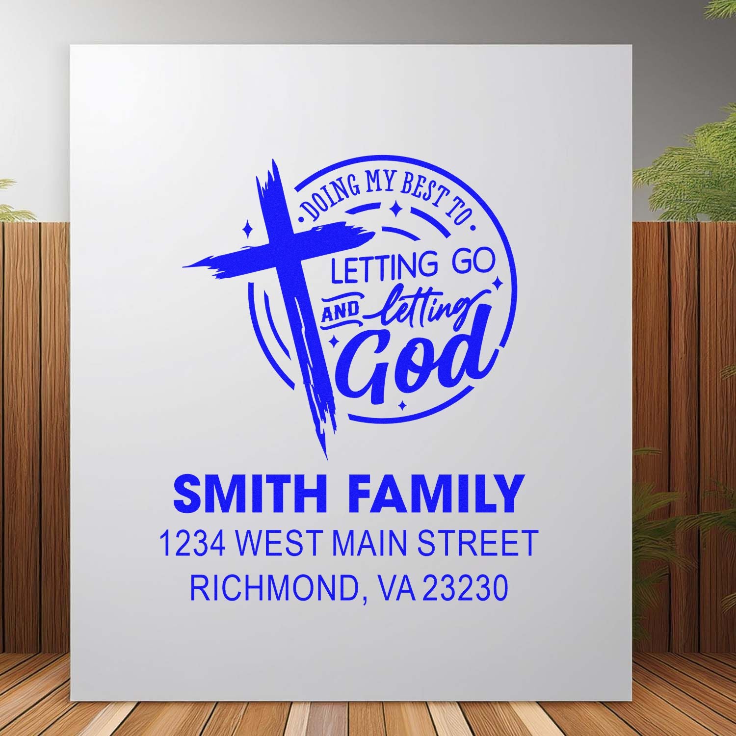 Personalized faith-based rubber stamp with cross and inspirational letting God message, customized with Smith family address.