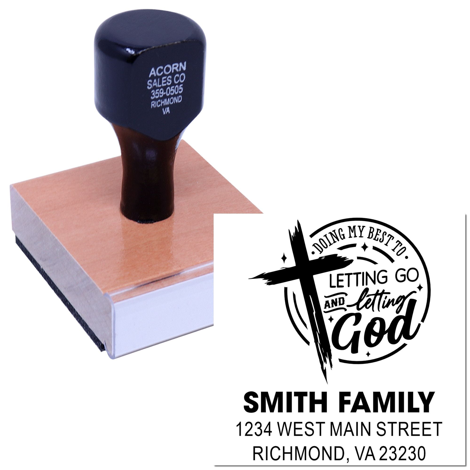 Custom rubber stamp with Letting Go and Letting God design, Smith Family name, and address for personalized Christian mail.