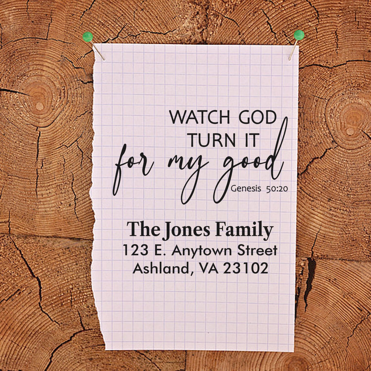 Personalized Christian return address rubber stamp with Genesis 50:20 quote and family mailing address.