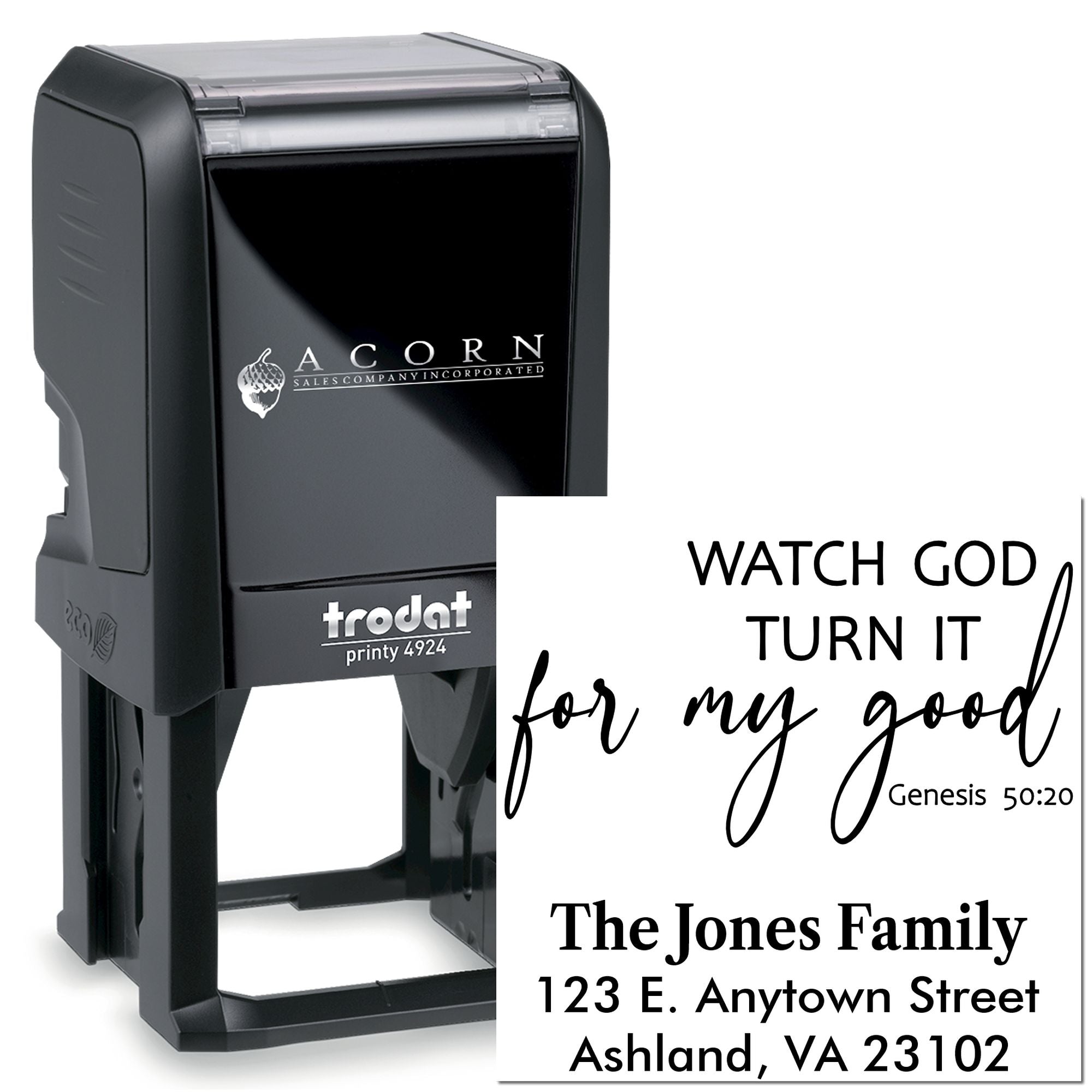 Trodat Printy self-inking rubber stamp with custom Bible verse and address for The Jones Family.