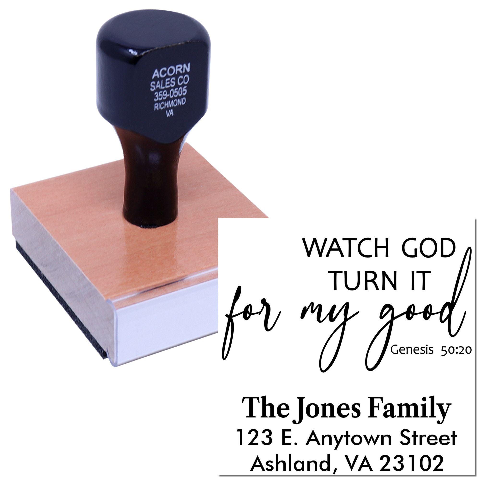 Custom rubber stamp with Bible verse, family name, and address for personalized Christian correspondence.