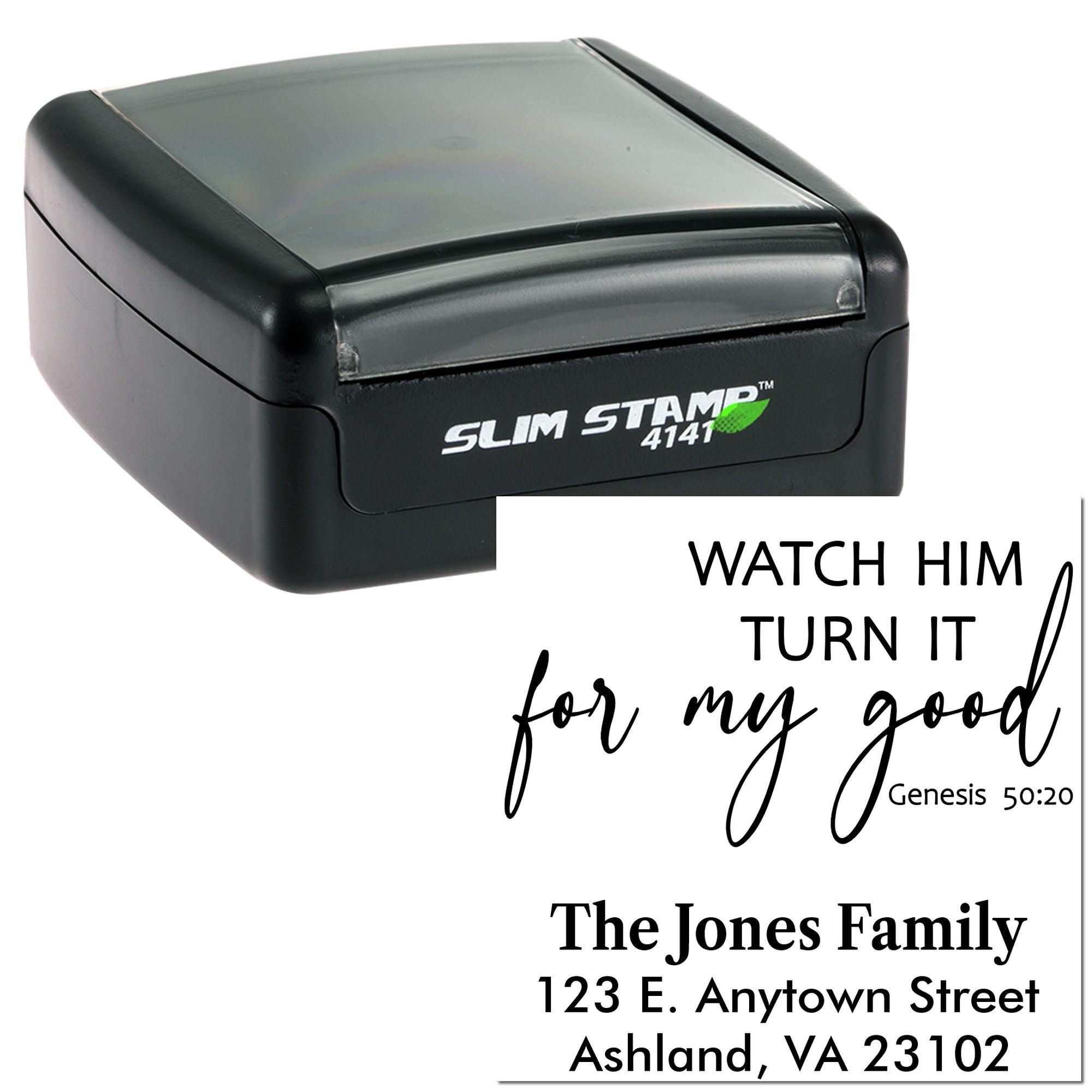 Self-inking rubber stamp with custom Bible verse and return address imprint