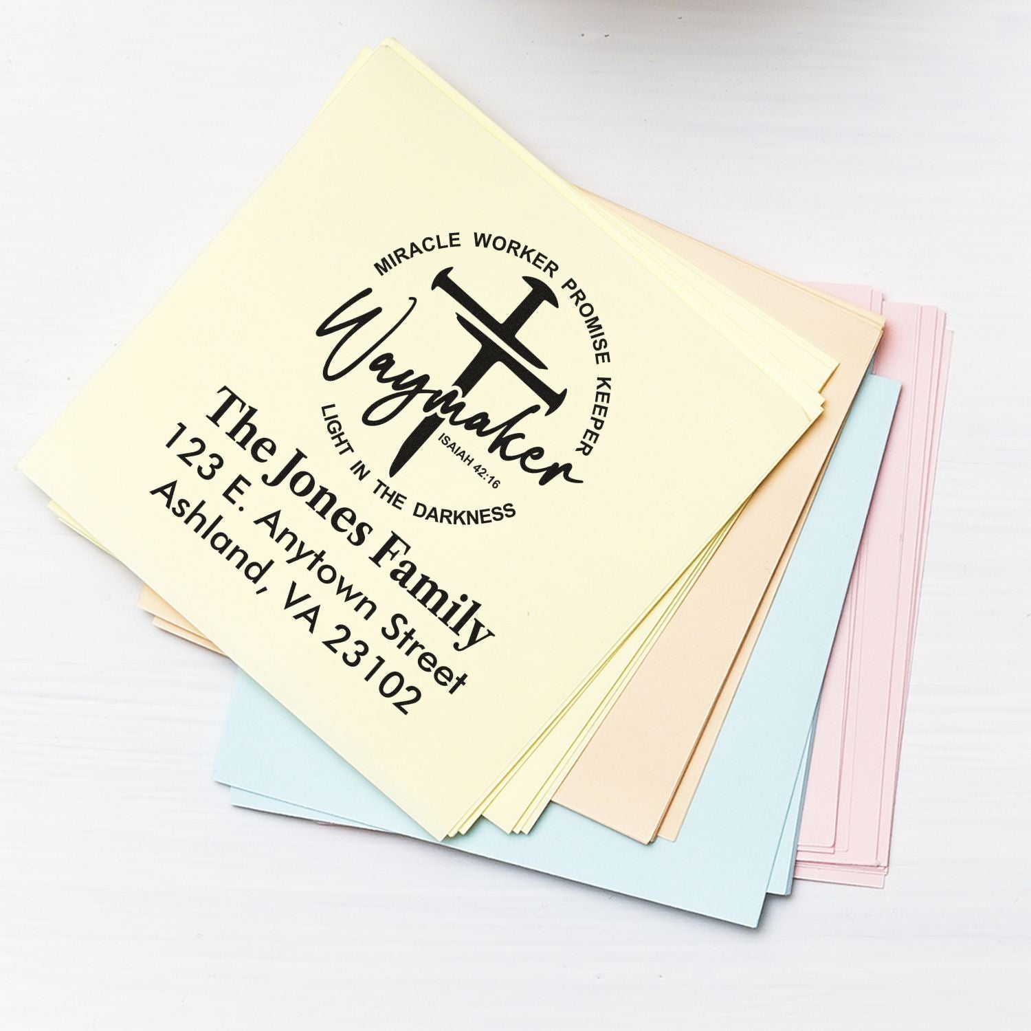 Custom address rubber stamp proof for The Jones Family with Waymaker church logo on pastel cards.