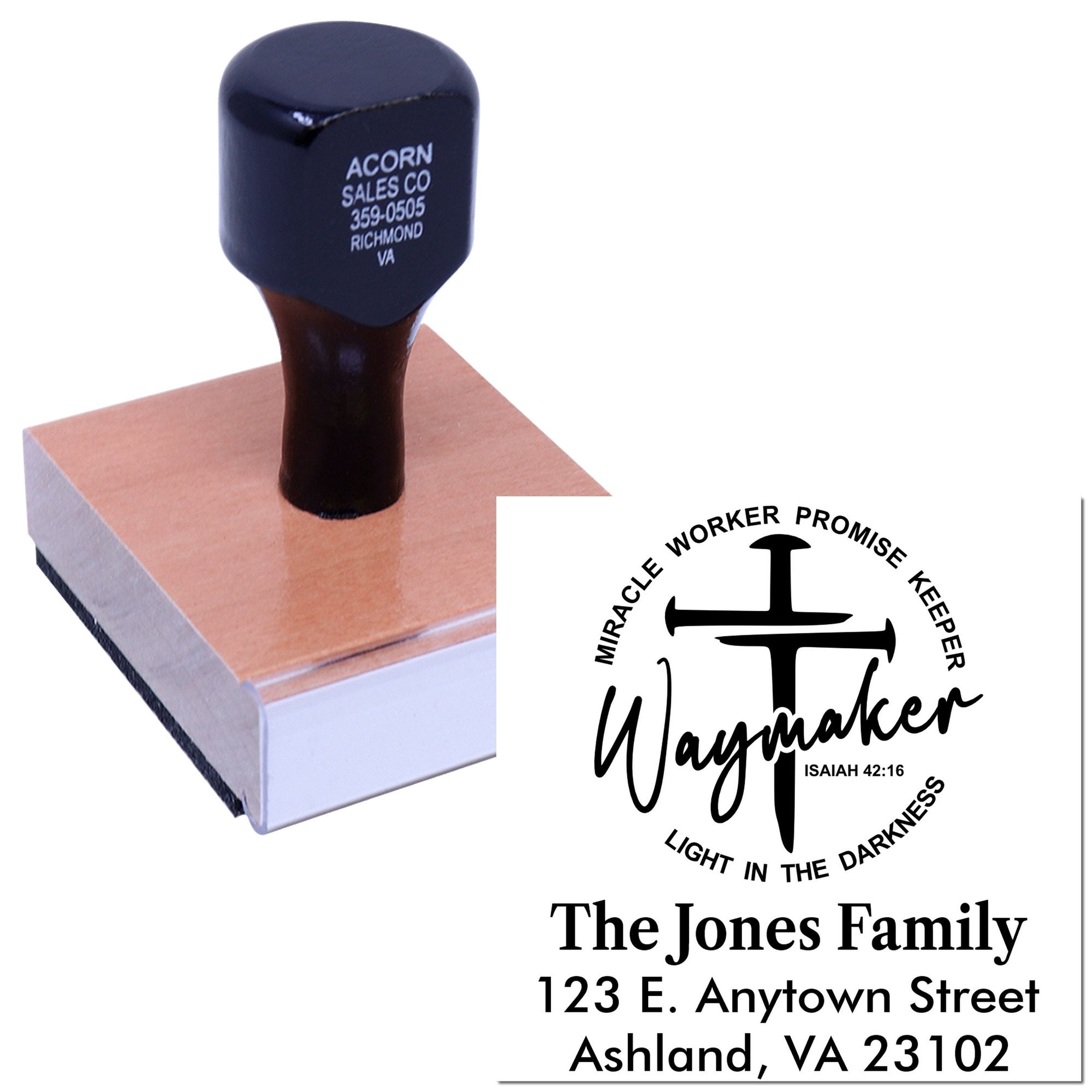 Custom self-inking rubber stamp with Waymaker family logo and address for church and home mailing