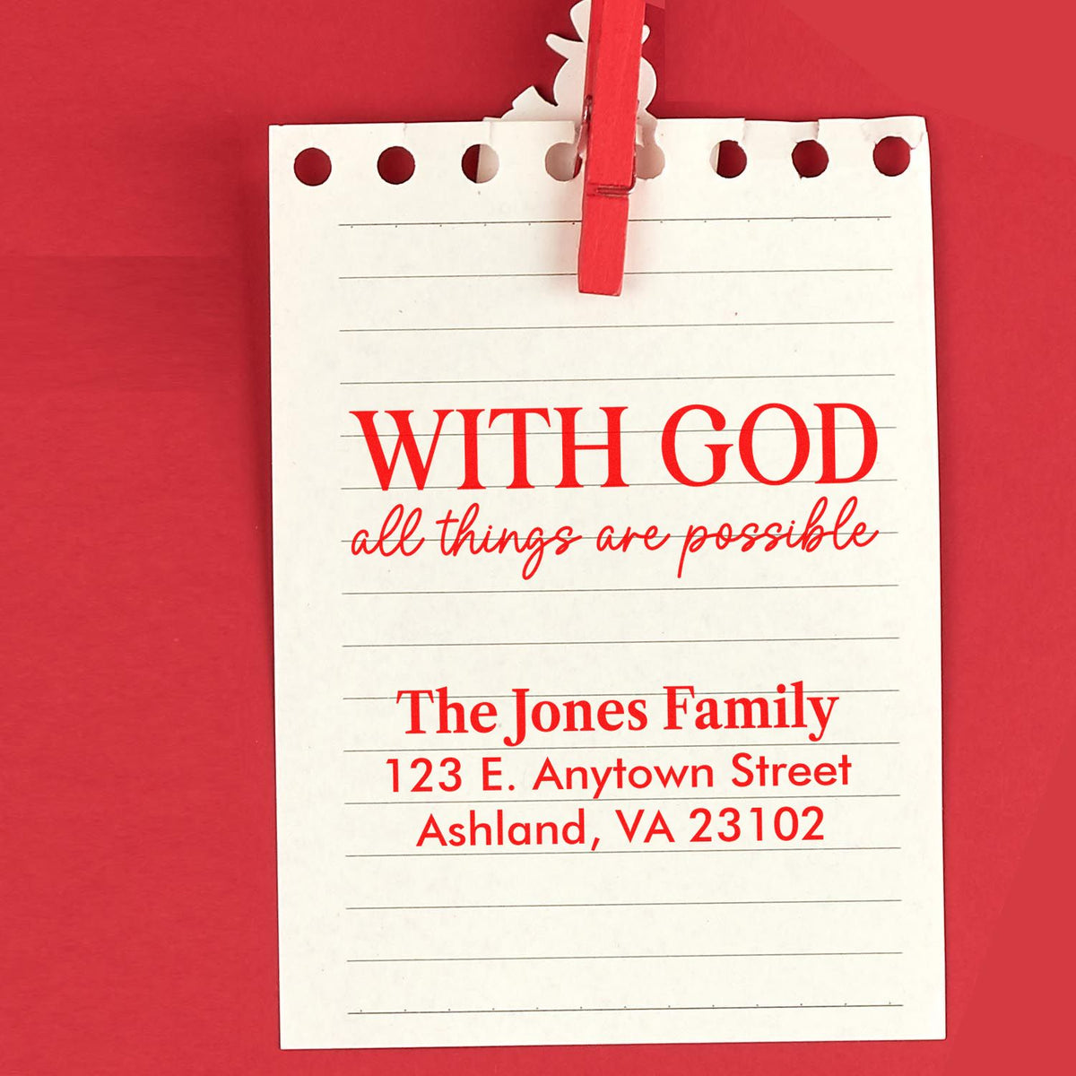 Personalized rubber address stamp with Christian quote, With God all things are possible, for The Jones Family in Ashland, VA.