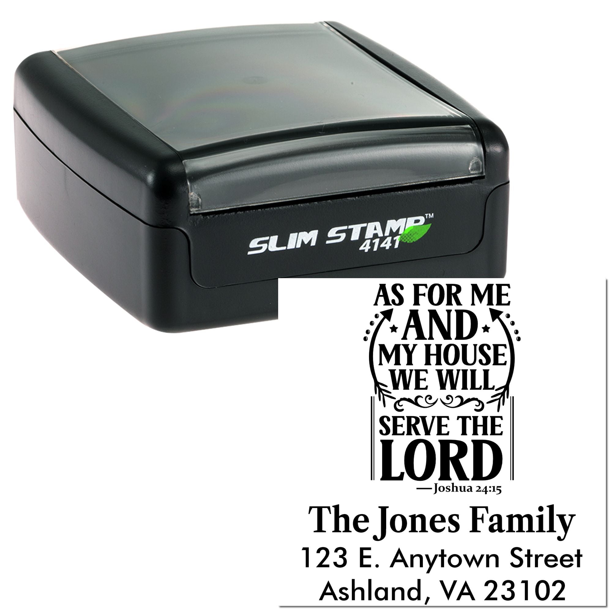Custom slim rubber address stamp with Joshua 24:15 Bible verse, family name, and return address for Christian households.
