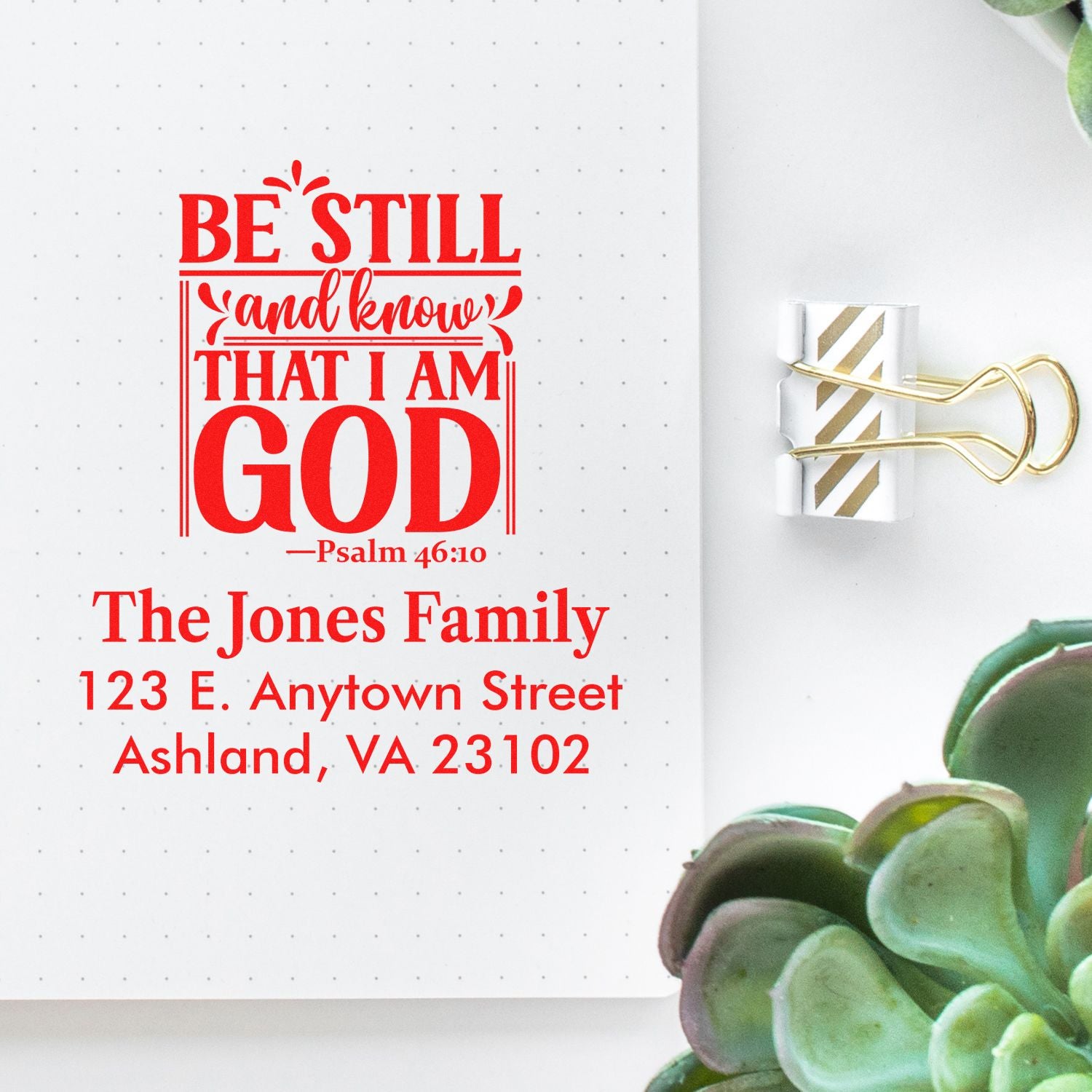 Custom rubber stamp with Psalm 46:10 Bible verse and return address for personalized Christian stationery.