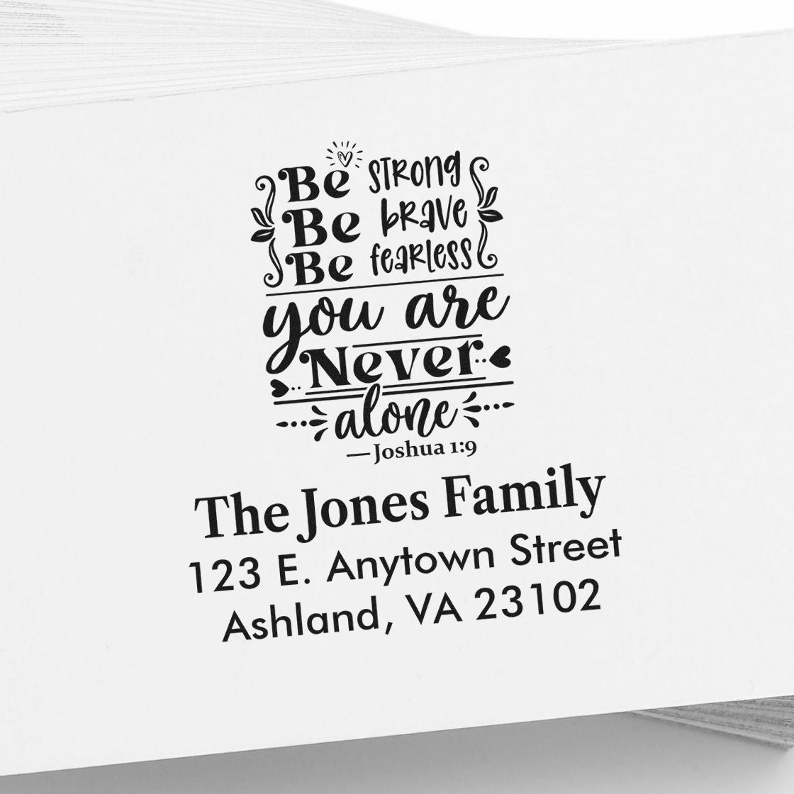 Custom rubber stamp proof with inspirational Bible quote and personalized family address stamp.