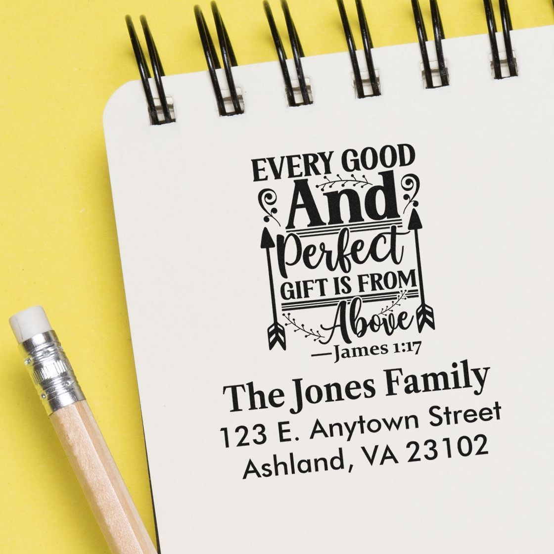 Christian rubber stamp with James 1:17 verse and custom family return address for gifts, stationery, and mailings.