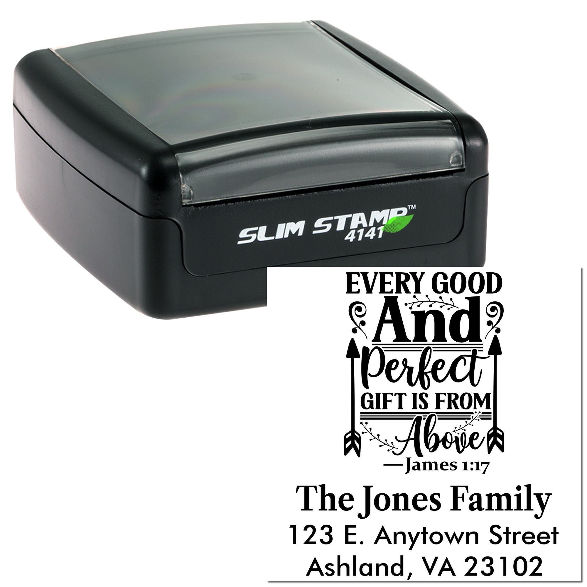Custom self-inking rubber stamp with James 1:17 verse and family return address for Christian gift labels.