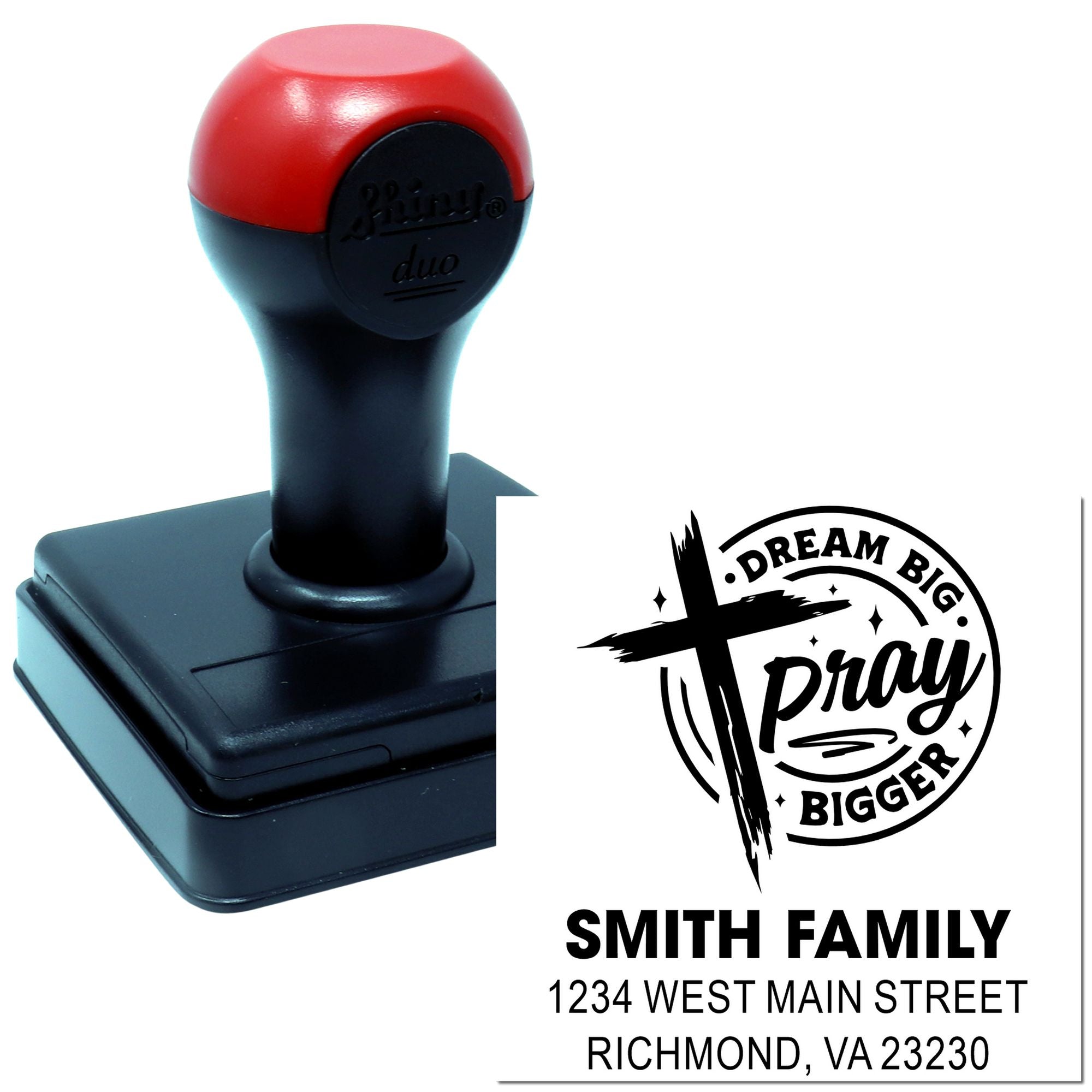 Custom self-inking rubber stamp with Dream Big Pray Bigger family address design and sample imprint for Smith Family.