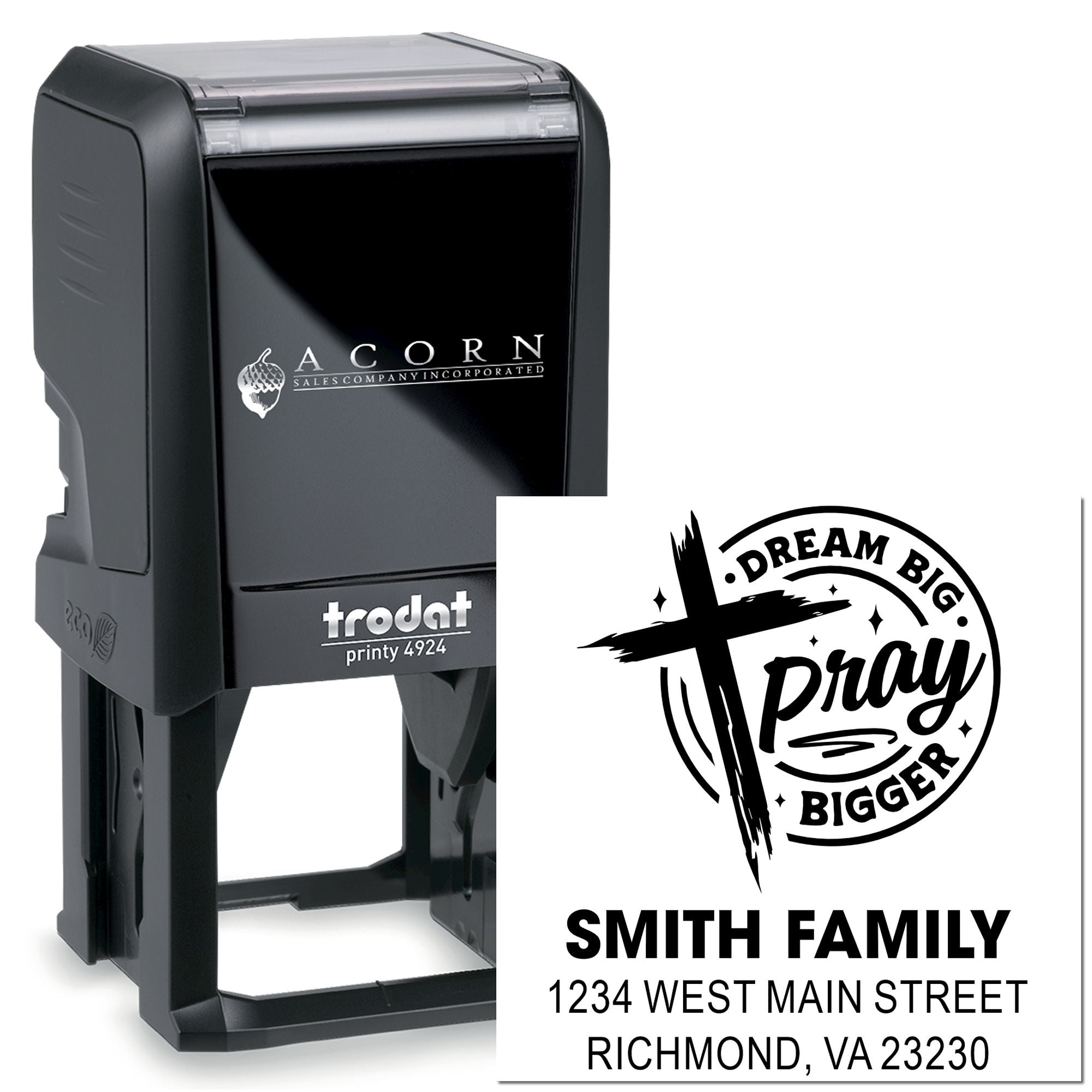 Custom self-inking rubber stamp for family address labels featuring Dream Big Pray Bigger and Smith Family name.