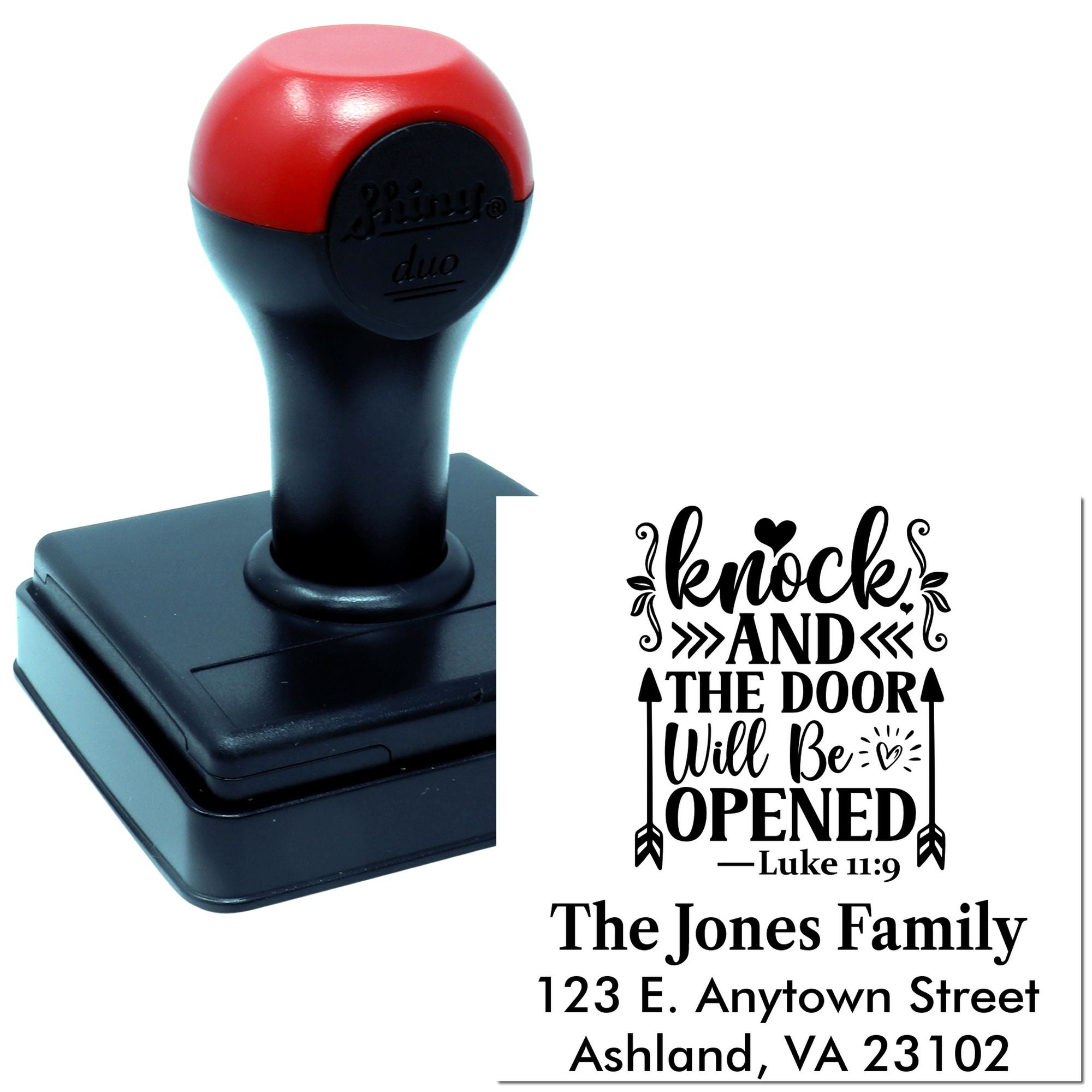 Custom self-inking rubber address stamp featuring Luke 11:9, Knock and the door will be opened, for The Jones Family.