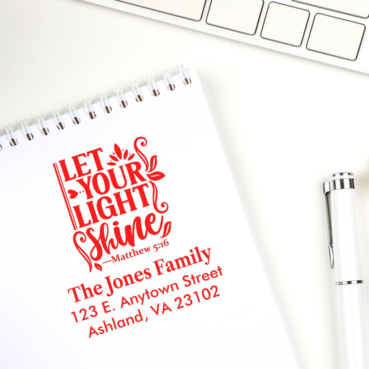 Custom Christian rubber stamp imprint reading Let Your Light Shine with personalized family return address.