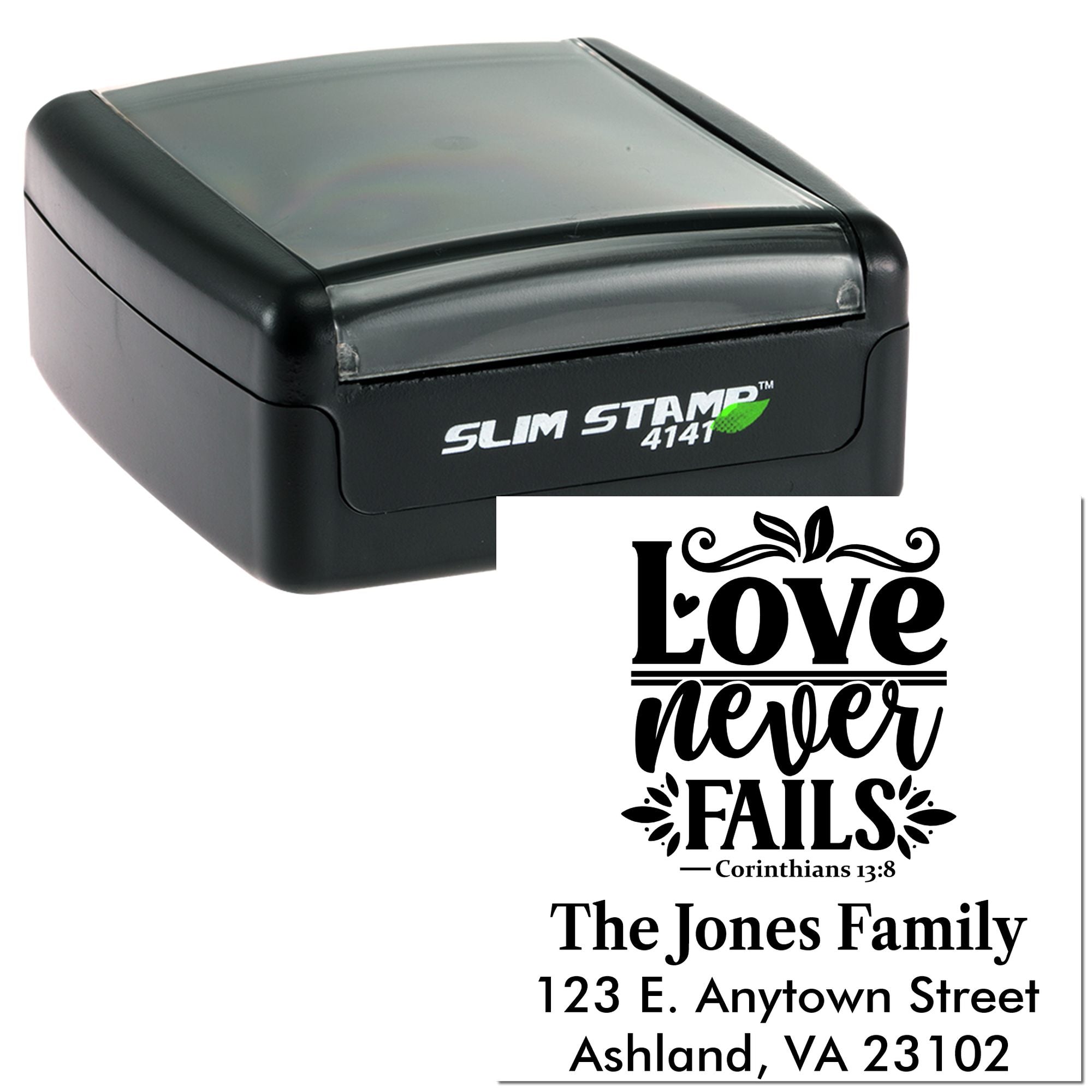 Slim self-inking custom rubber stamp with "Love Never Fails" design, Corinthians 13:8, and personalized family address.