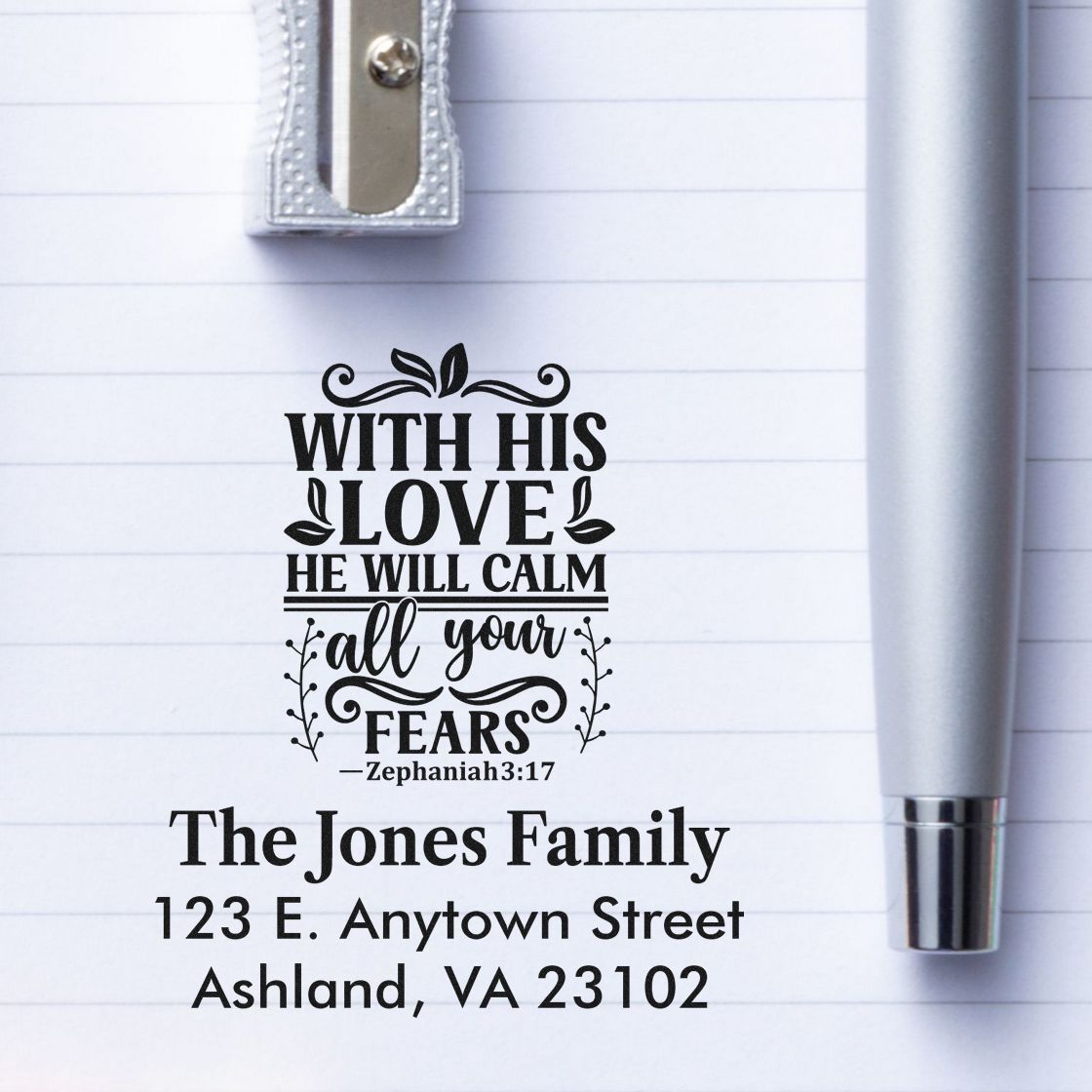 Custom Christian address rubber stamp with Zephaniah 3:17, family name, and return address for personal mail.