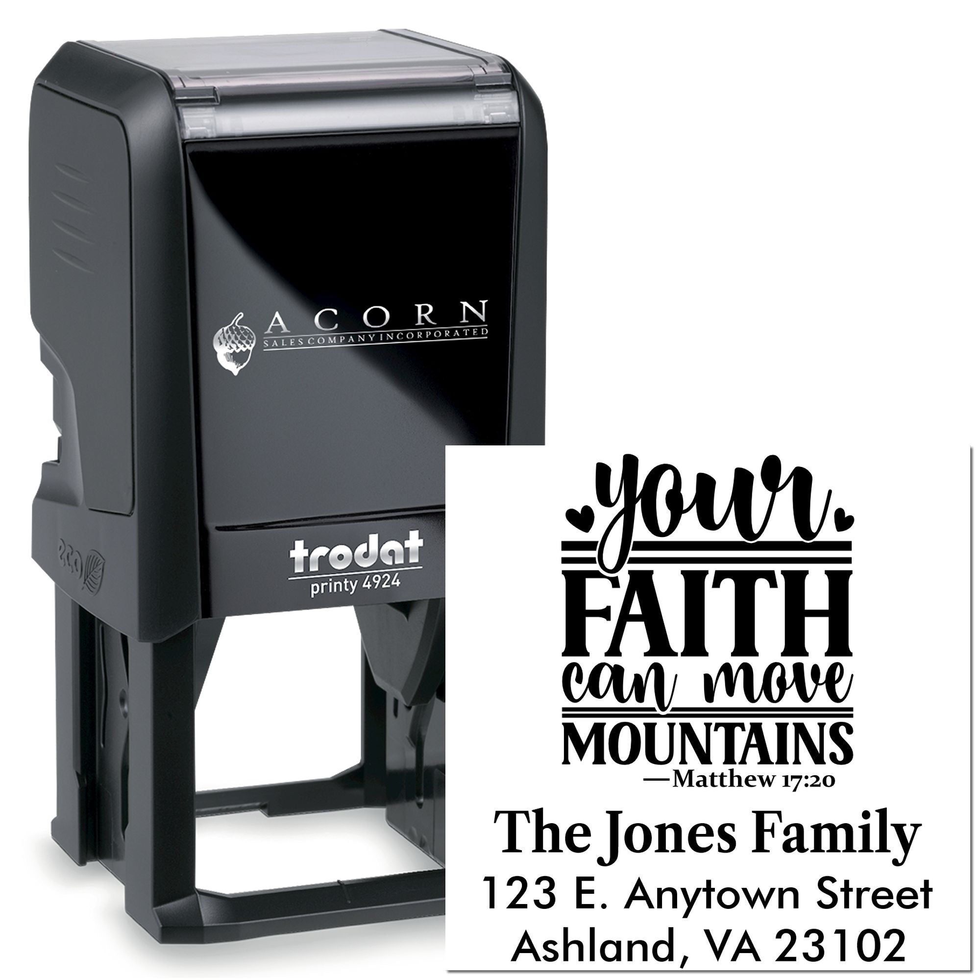 Custom Trodat self-inking address rubber stamp with faith quote, perfect for personalized mail, packaging, and stationery.