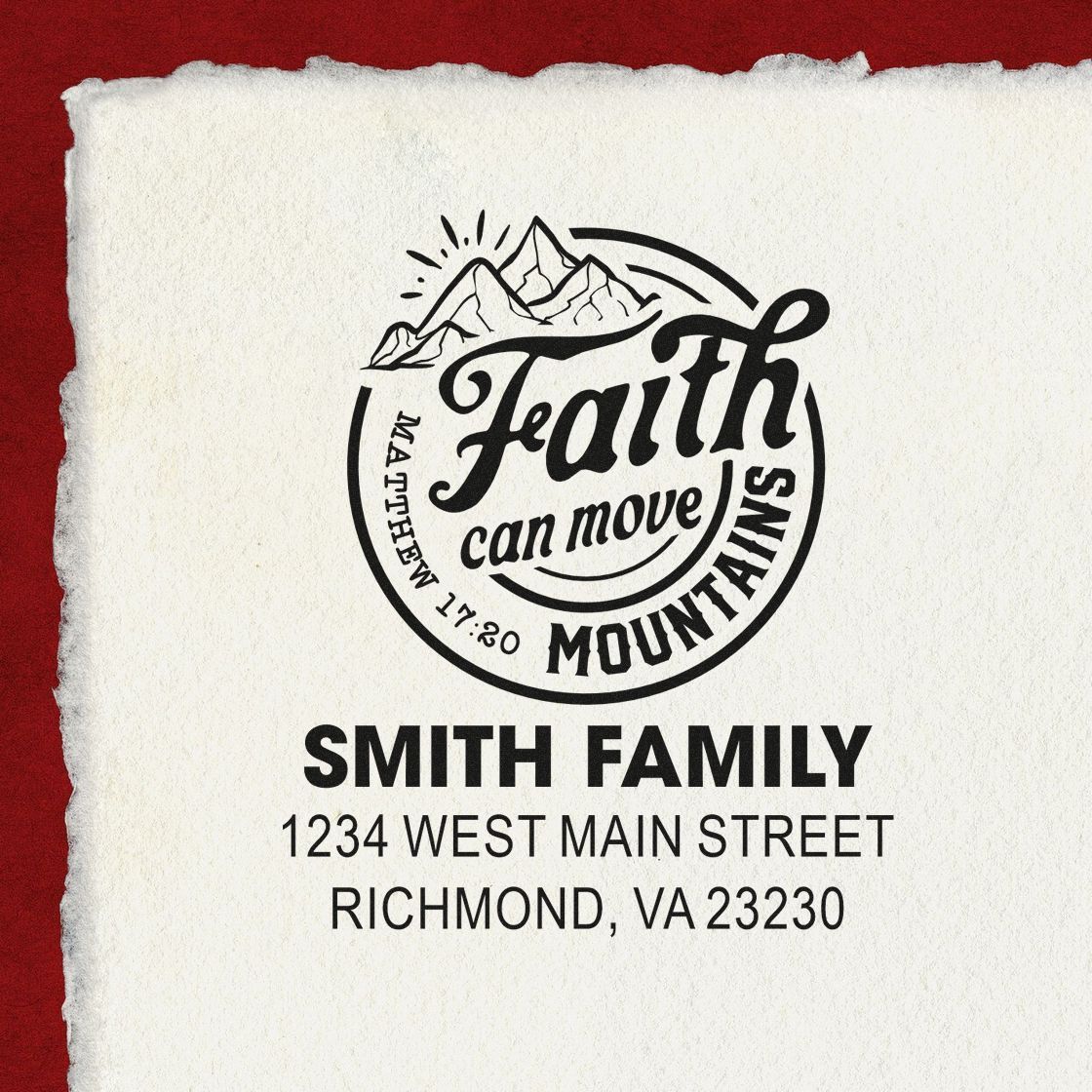Custom return address rubber stamp for Smith Family with mountain faith logo, Richmond, VA.