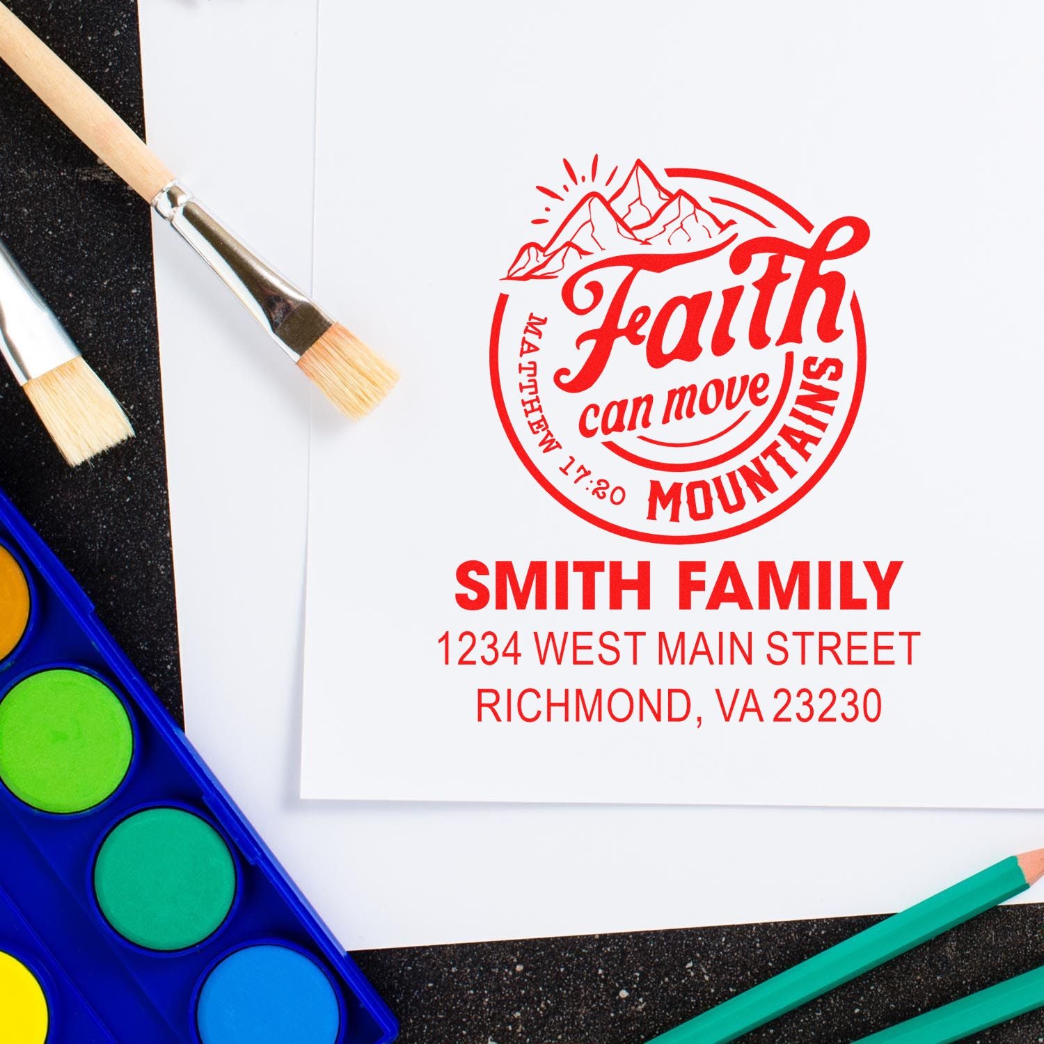 Personalized rubber stamp design for Smith Family return address with faith can move mountains mountain motif.
